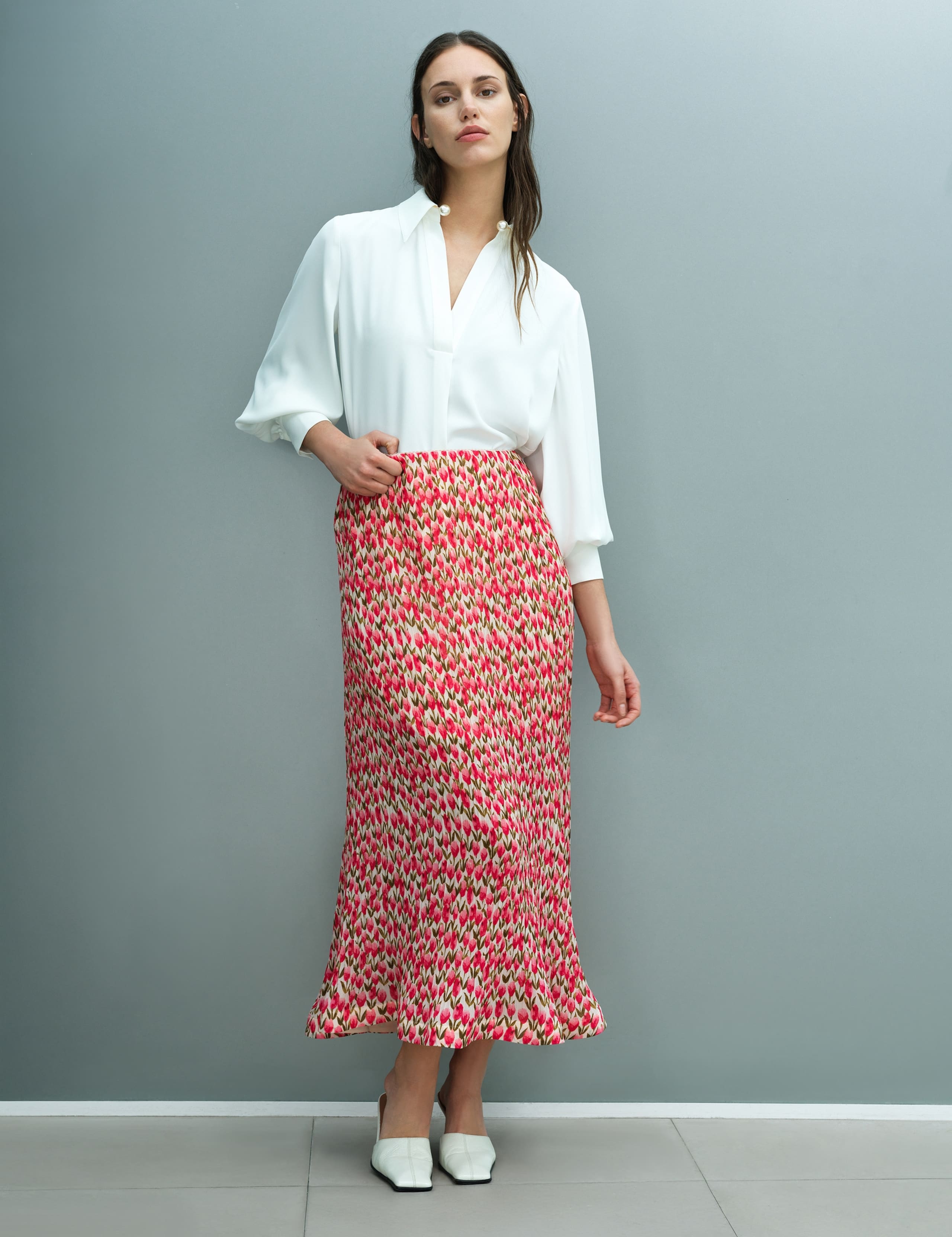 Plissé Floral Midi A-Line Skirt