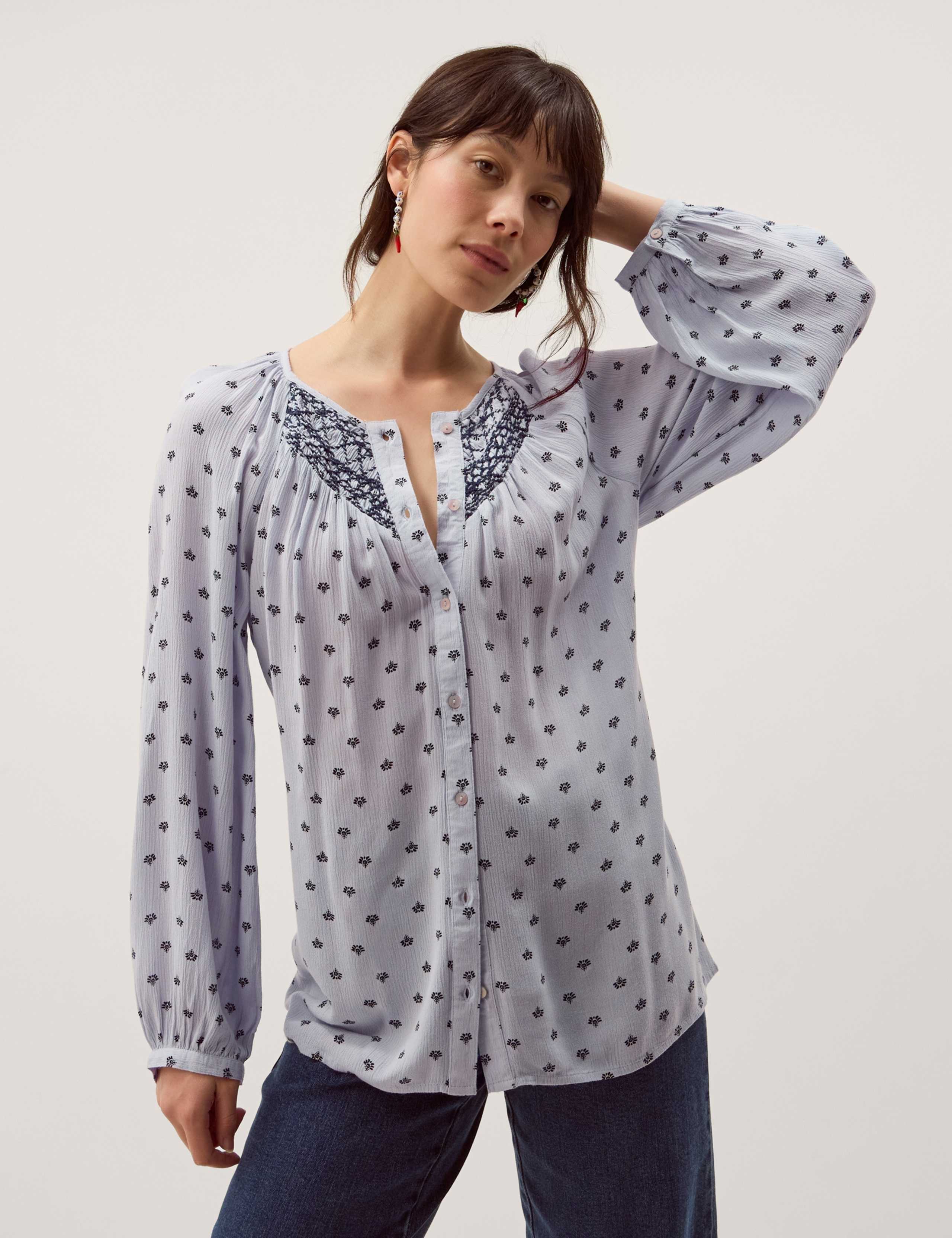 Printed Stitch Detail Blouson Sleeve Blouse