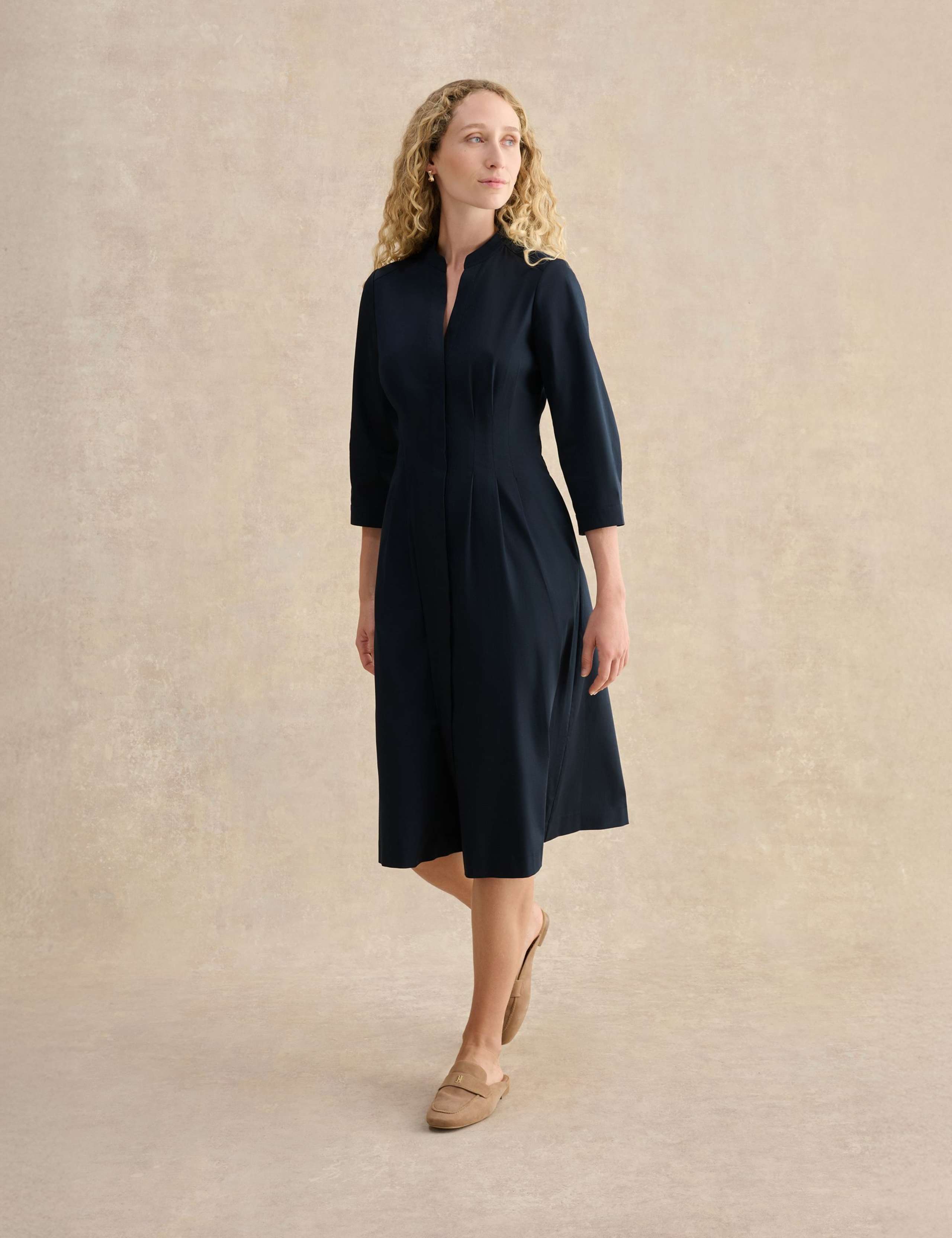 Cotton Rich V-Neck Midi Waisted Dress