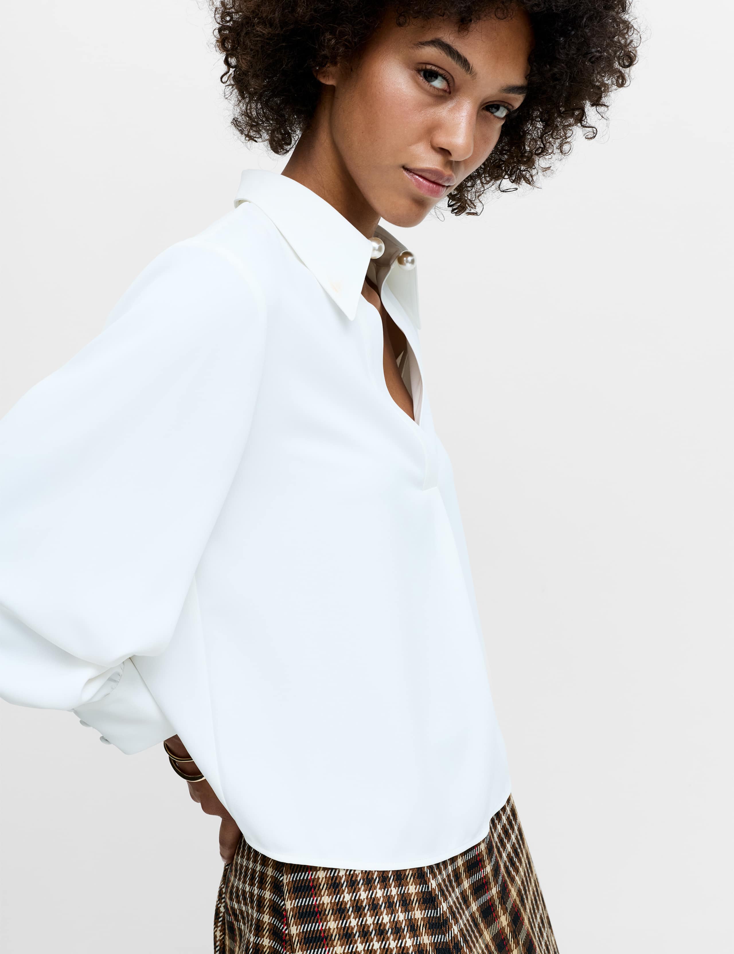 Embellished Neck Balloon Sleeve Shirt