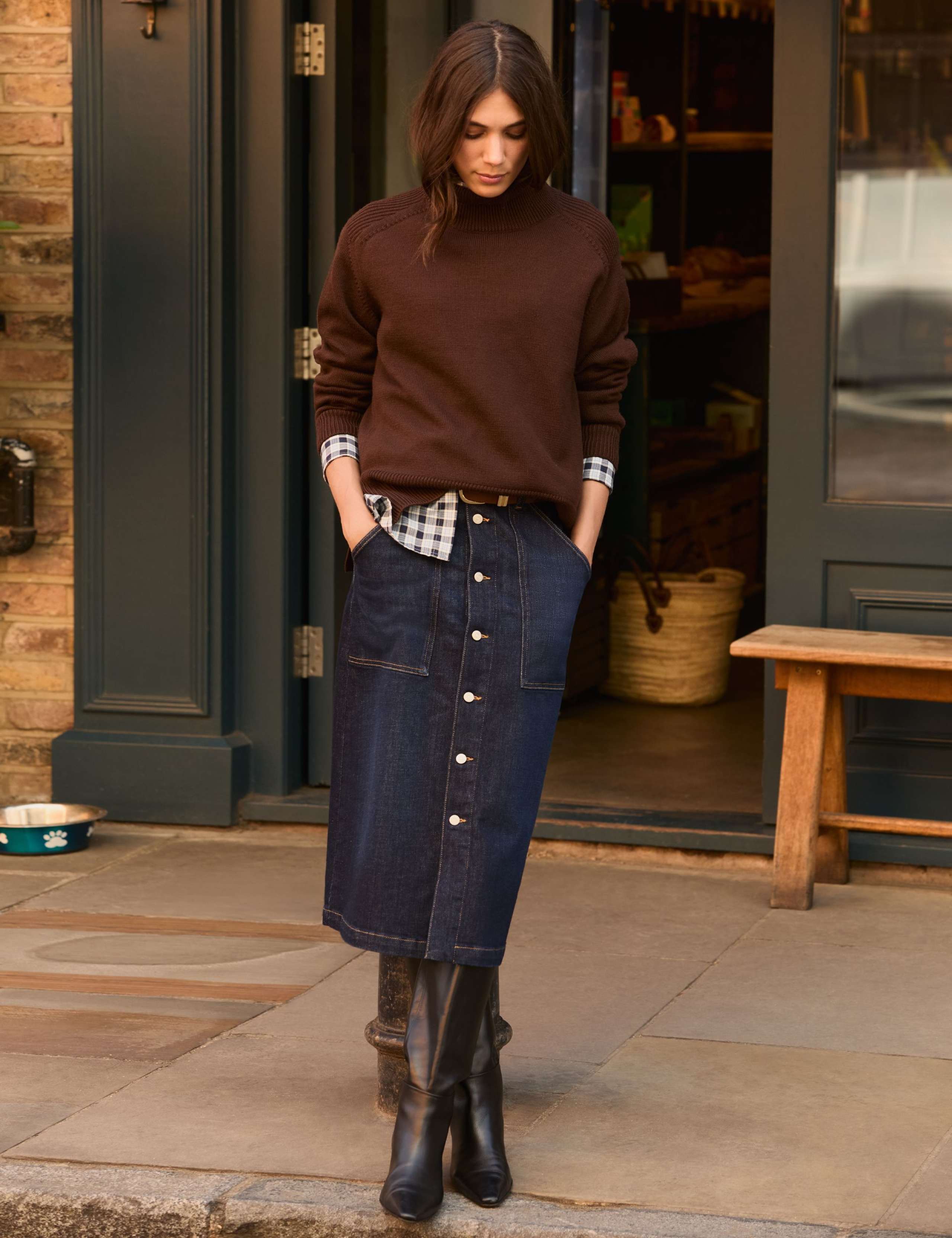 Denim Button Front Midi Skirt