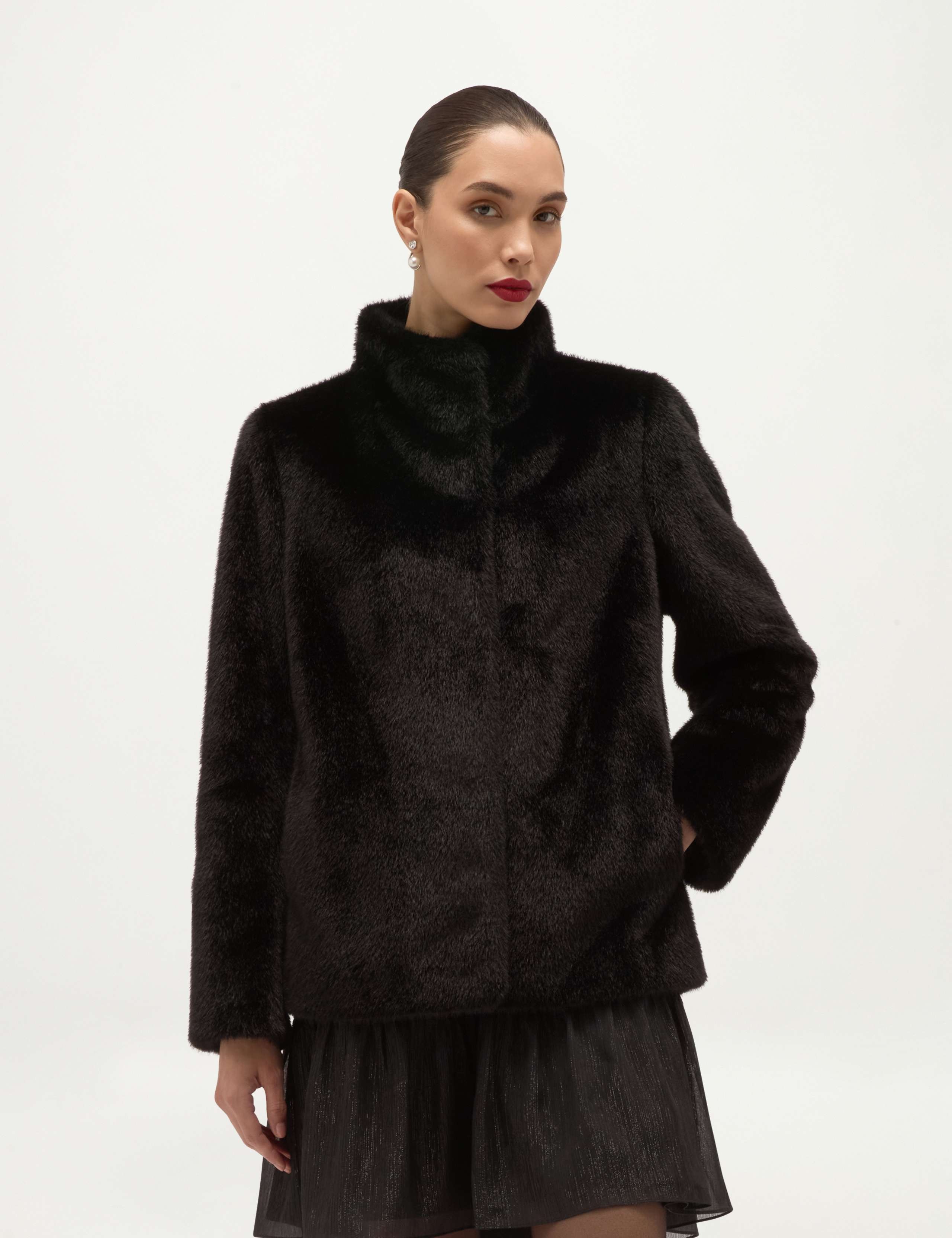Faux Fur High Neck Cropped Coat