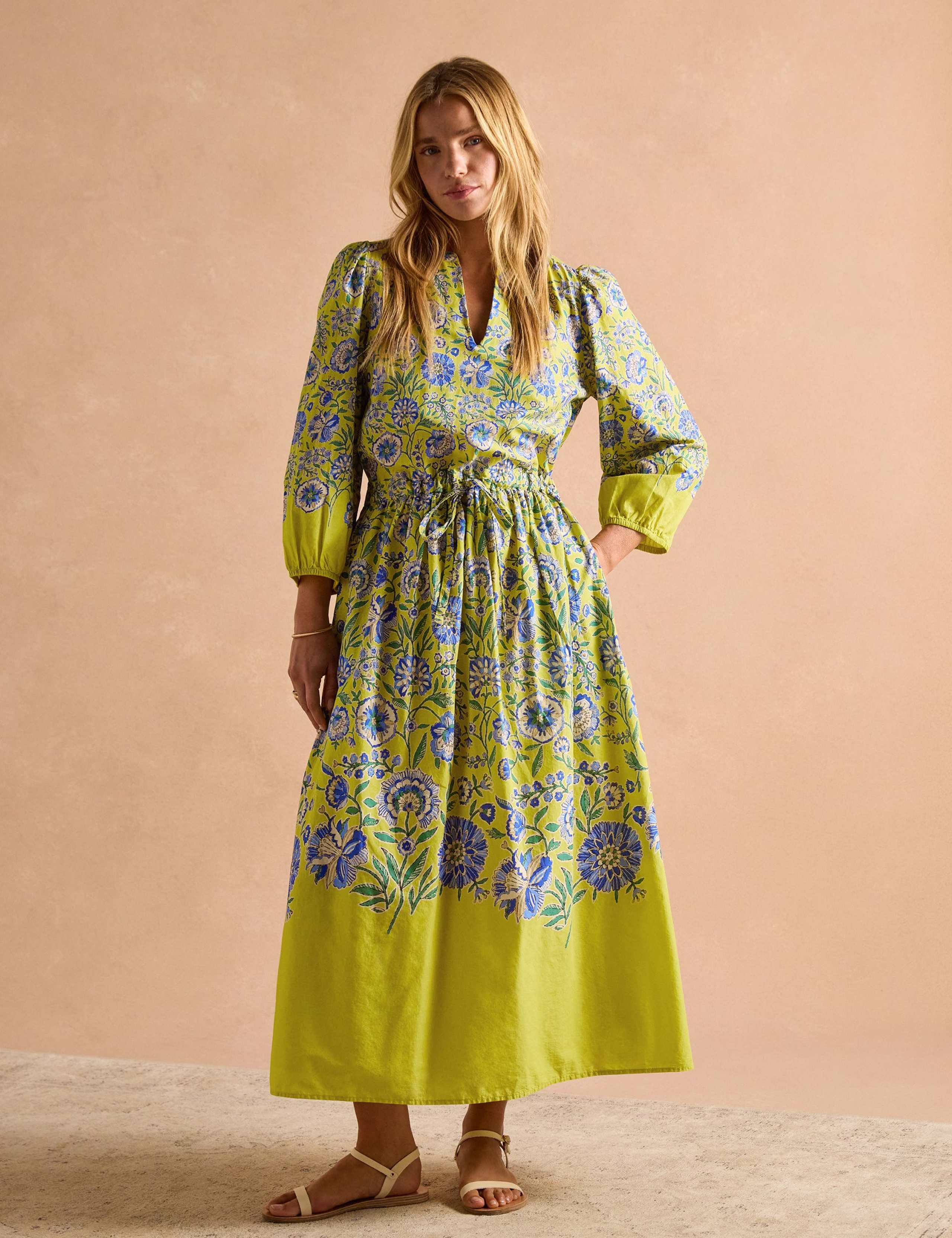 Pure Cotton Floral Midaxi Waisted Dress