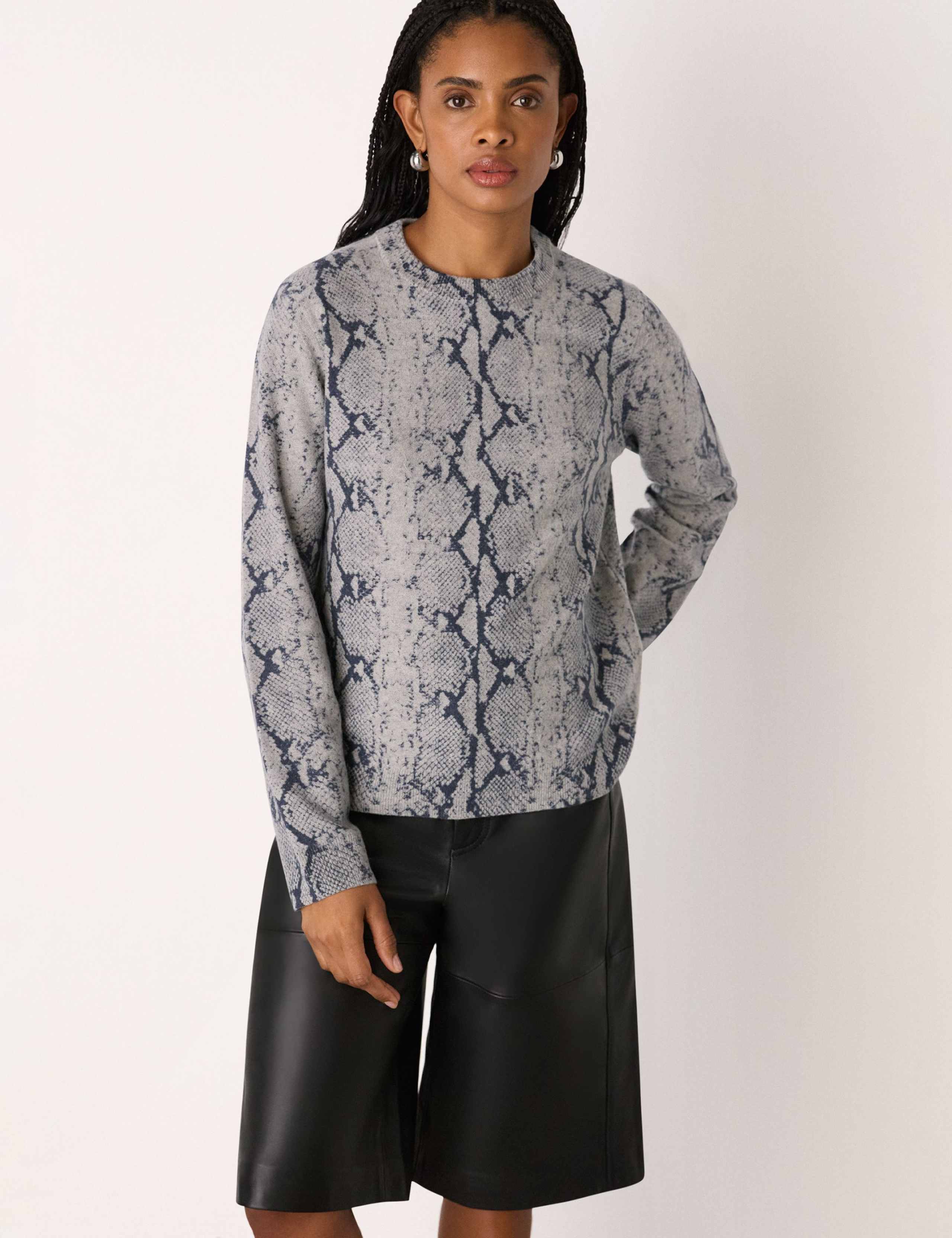 Pure Wool Animal Print Crew Neck Jumper