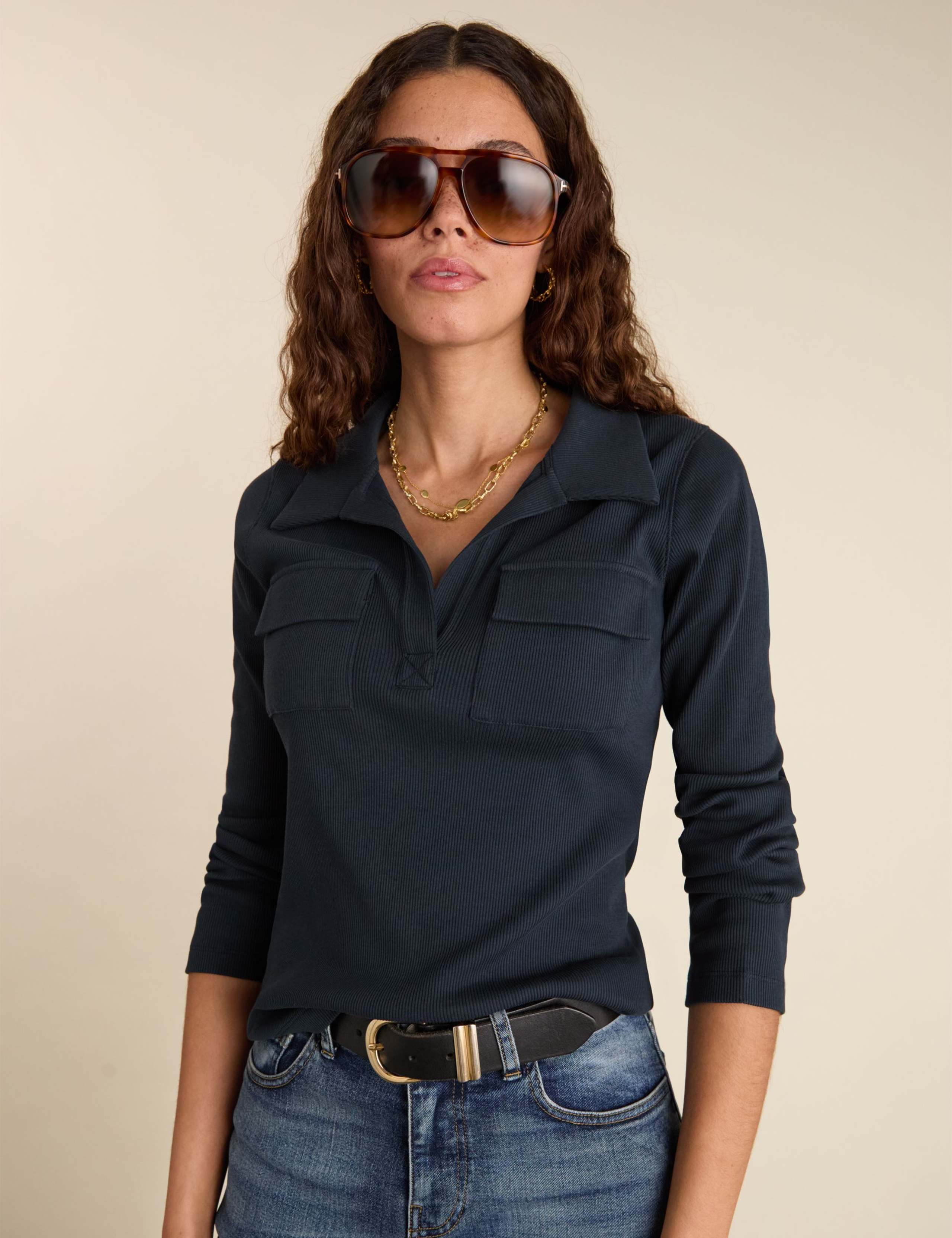 Pure Cotton Ribbed Collared Top
