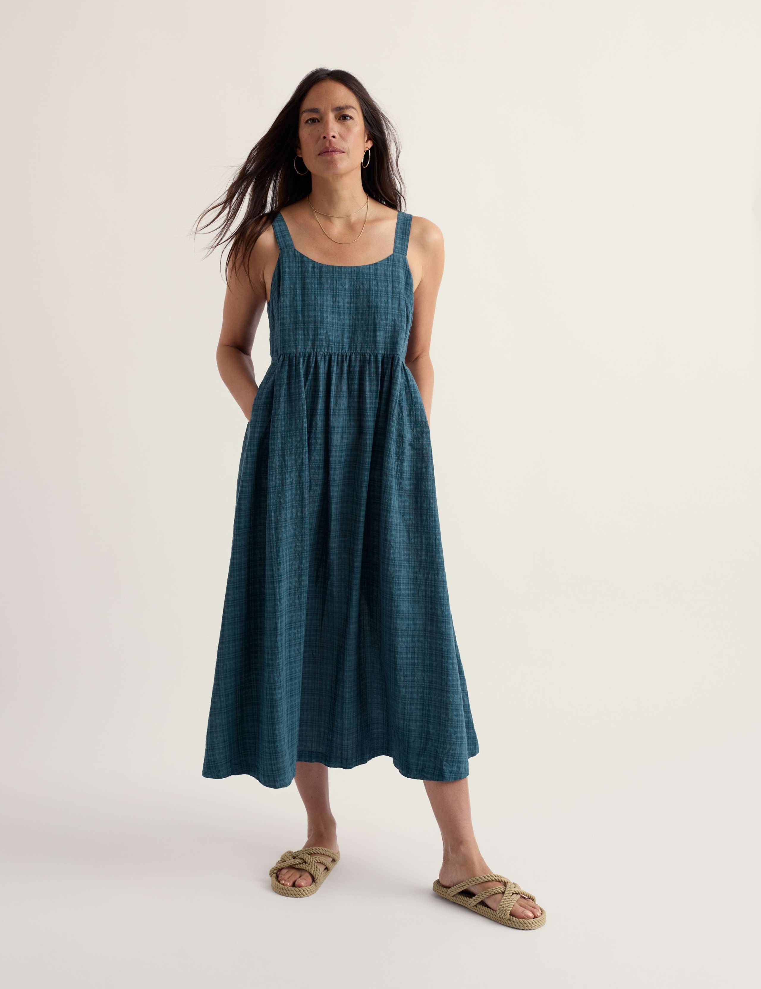 Cotton Rich Checked Seersucker Midi Dress