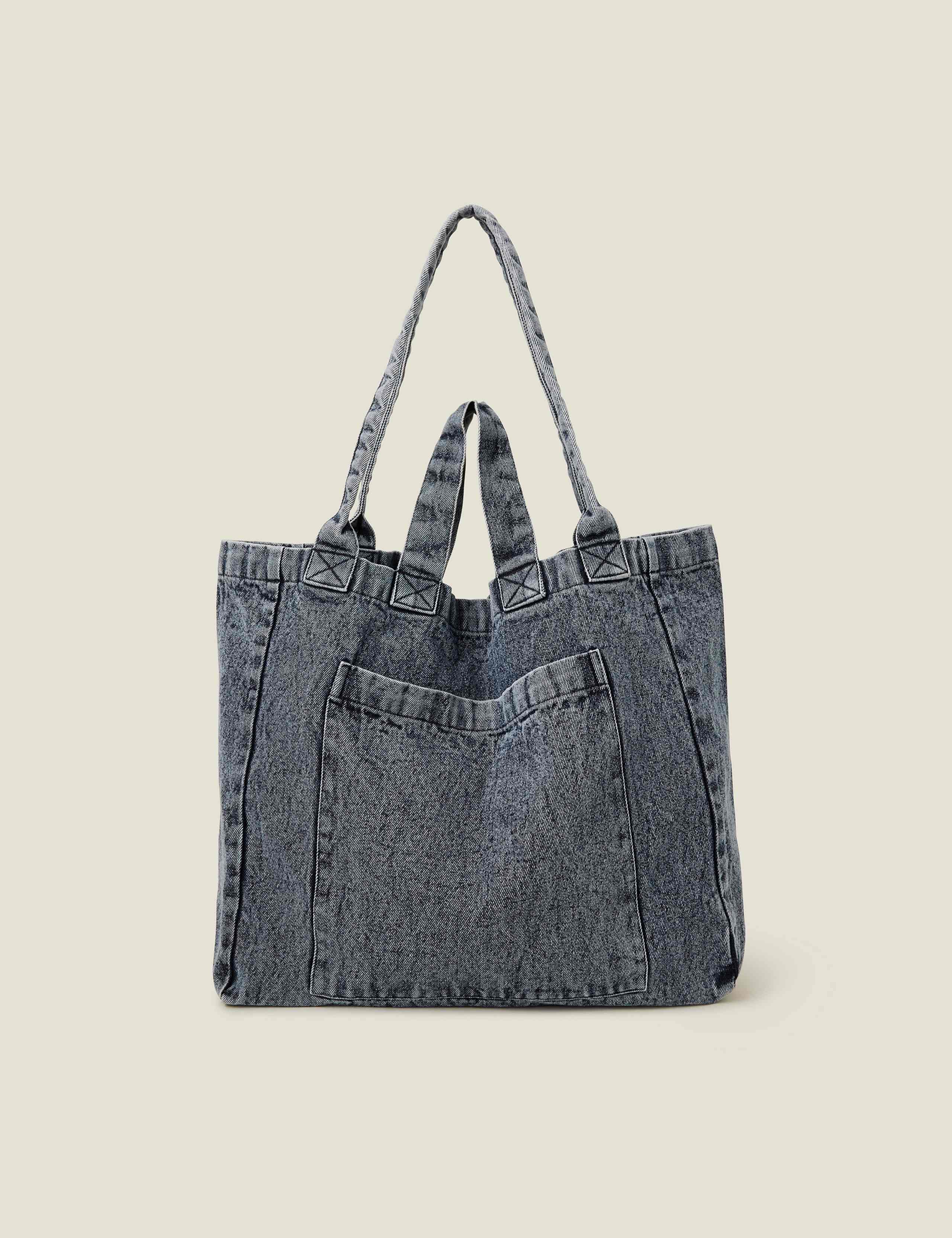 Washed Denim Double Strap Tote Bag