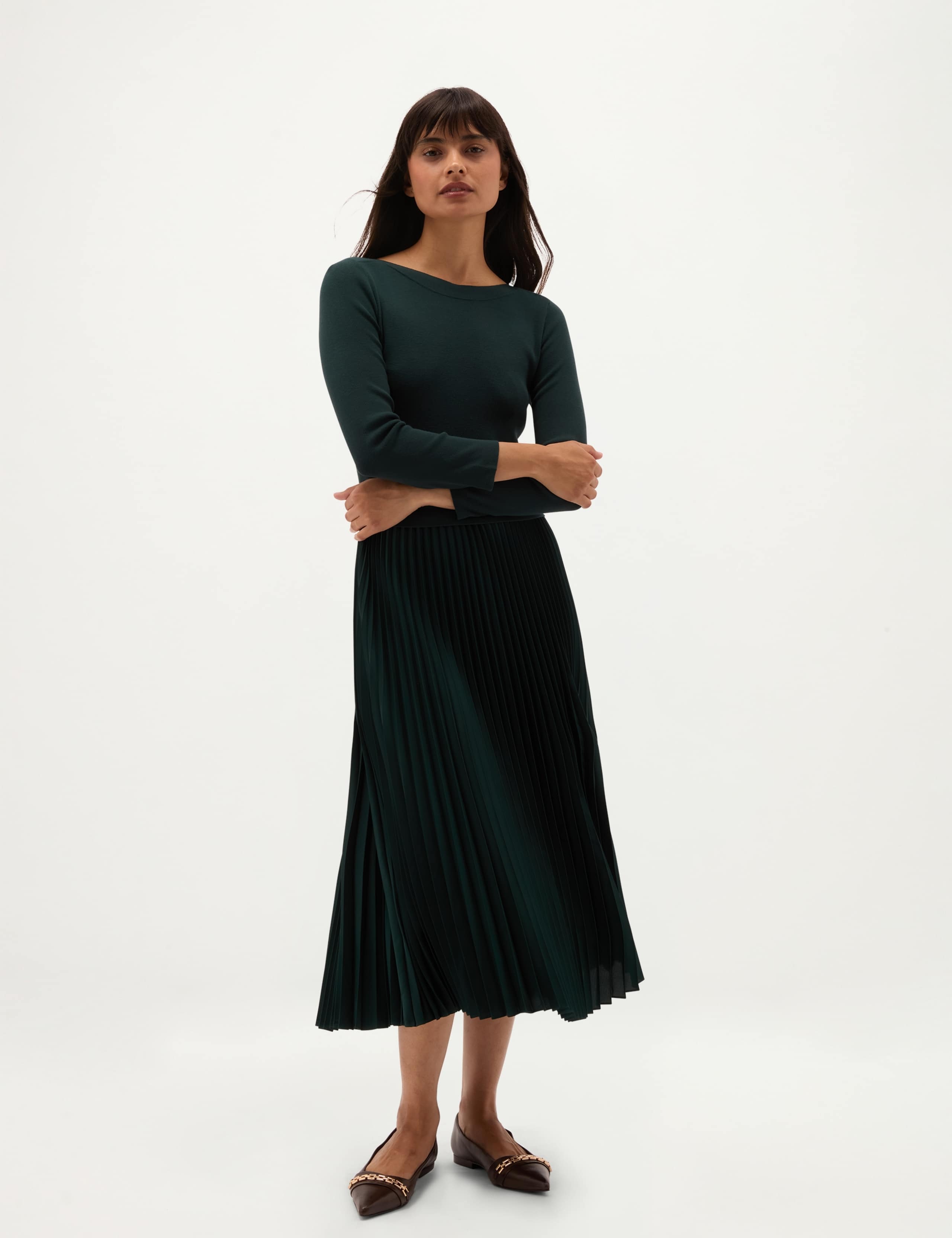 Satin Knitted Boat Neck Pleated Midi Skater Dress