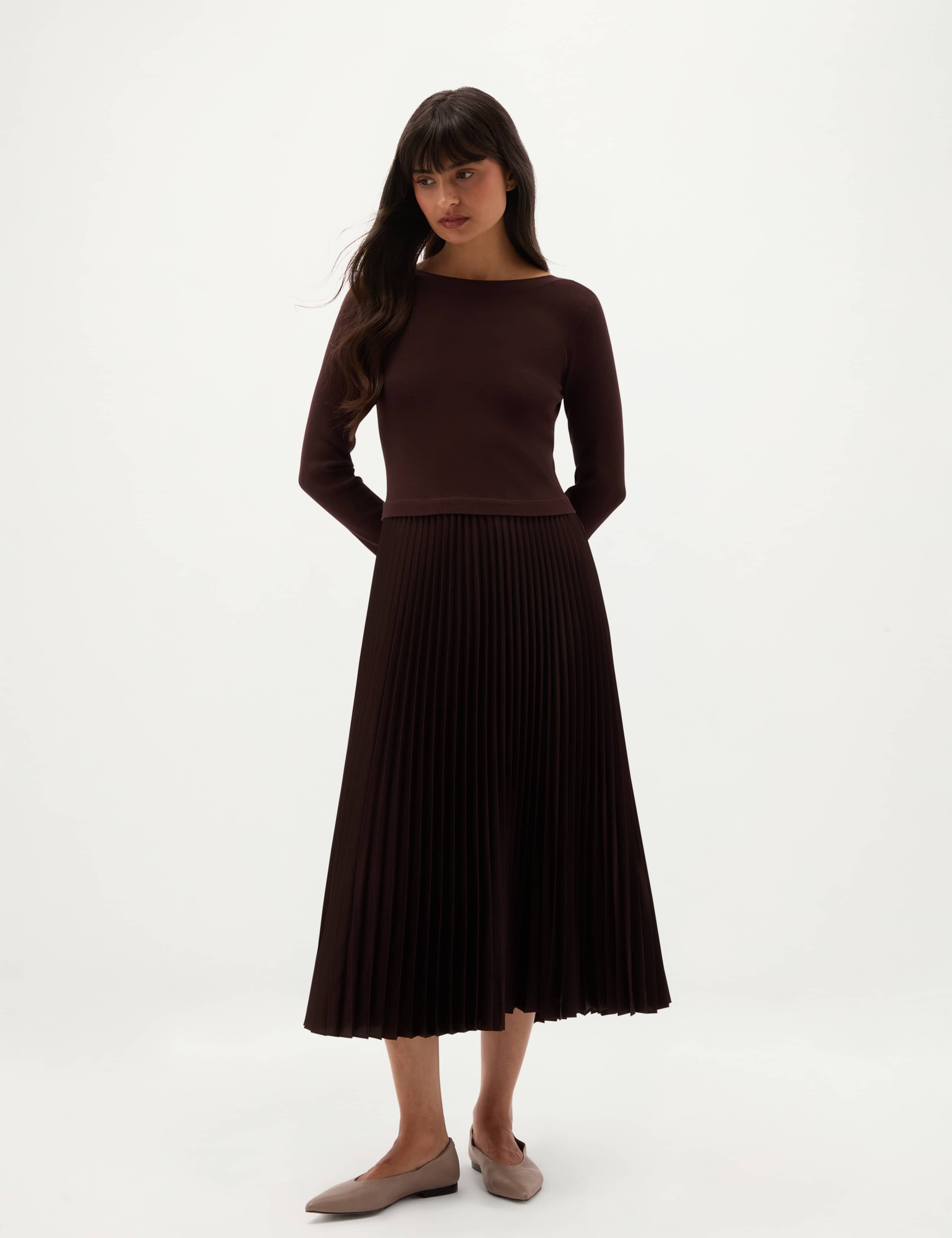 Satin Knitted Boat Neck Pleated Midi Skater Dress