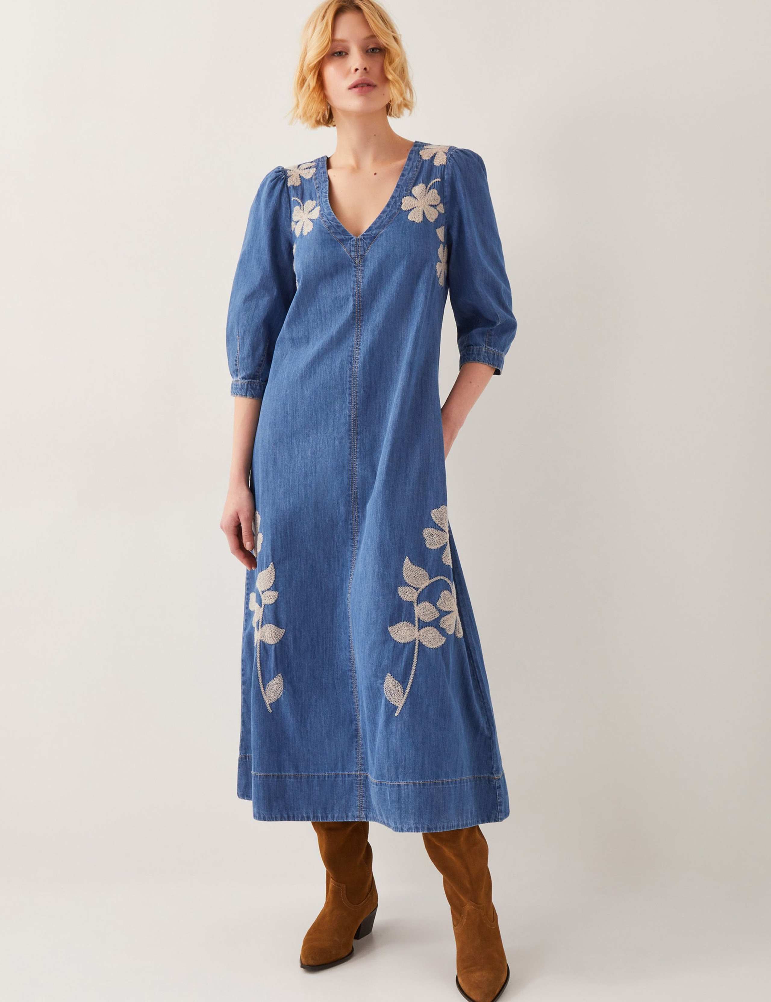 Pure Cotton Embroidered V-Neck Midaxi Dress