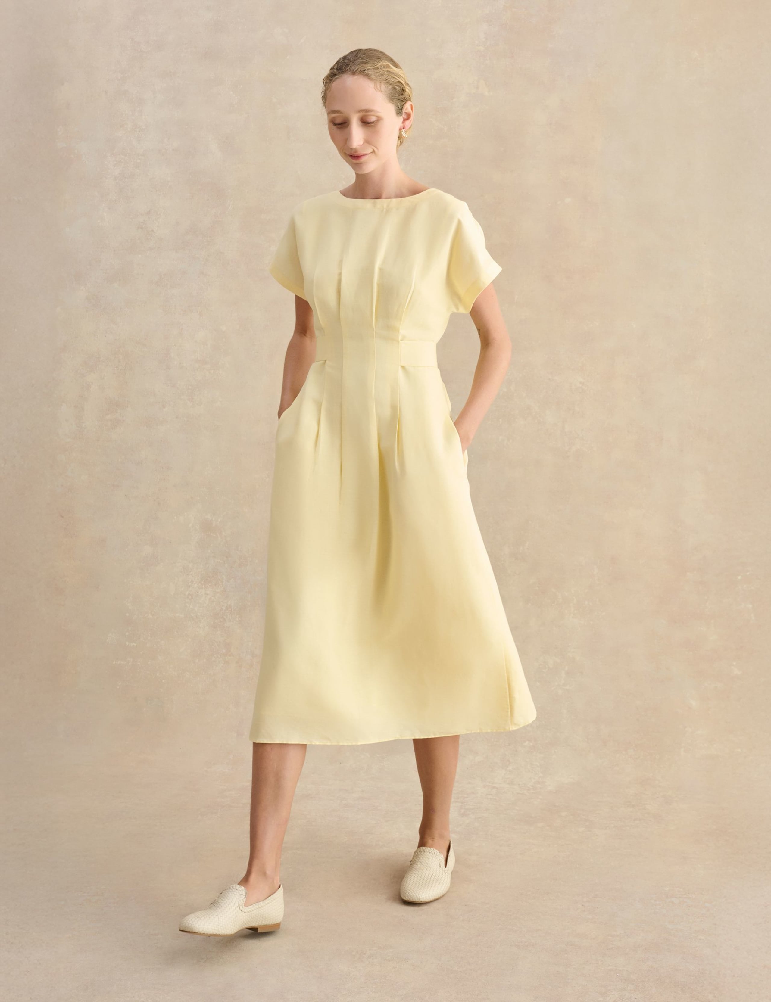 Linen Rich Belted Midi Waisted Dress