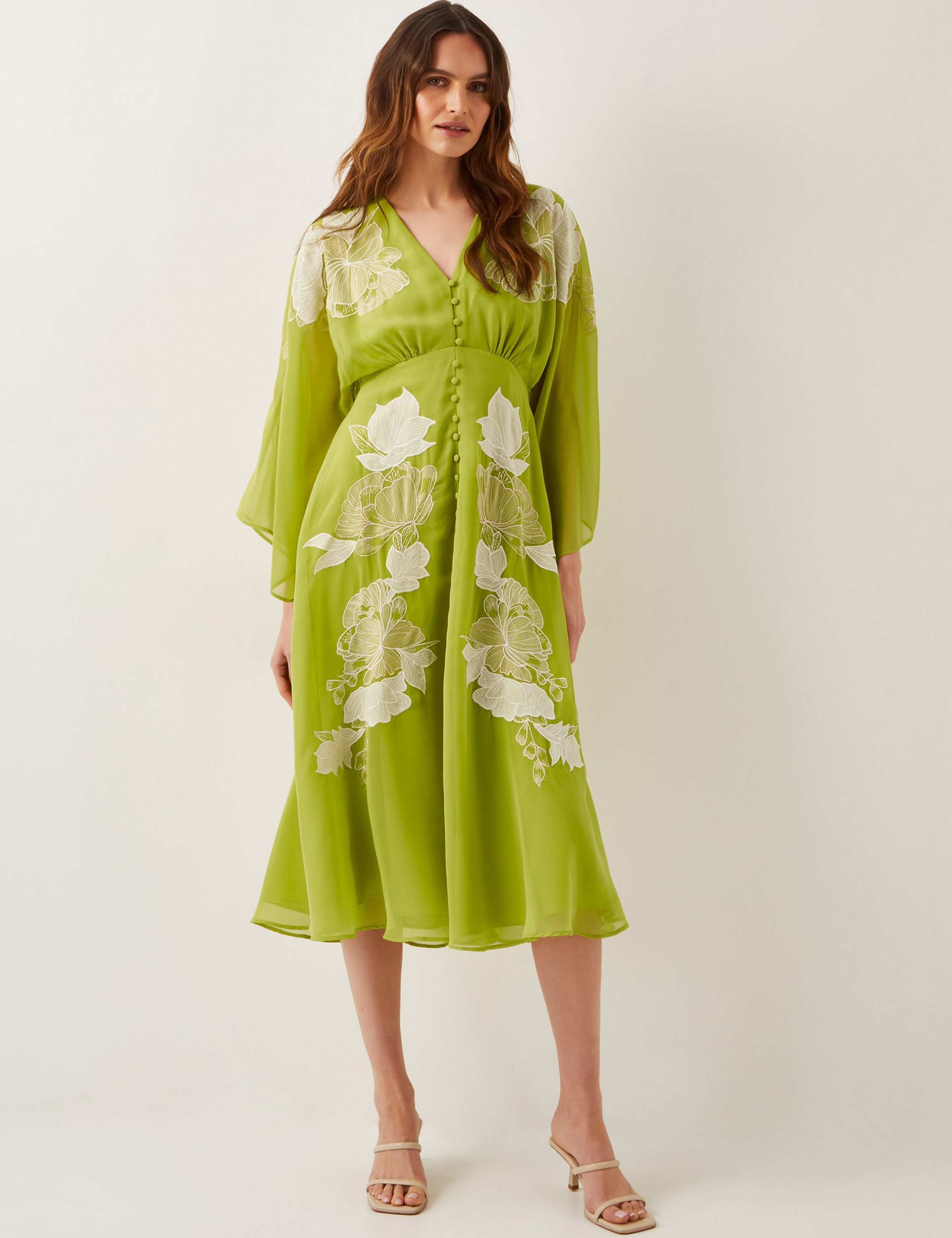 Embroidered V-Neck Midi Waisted Dress