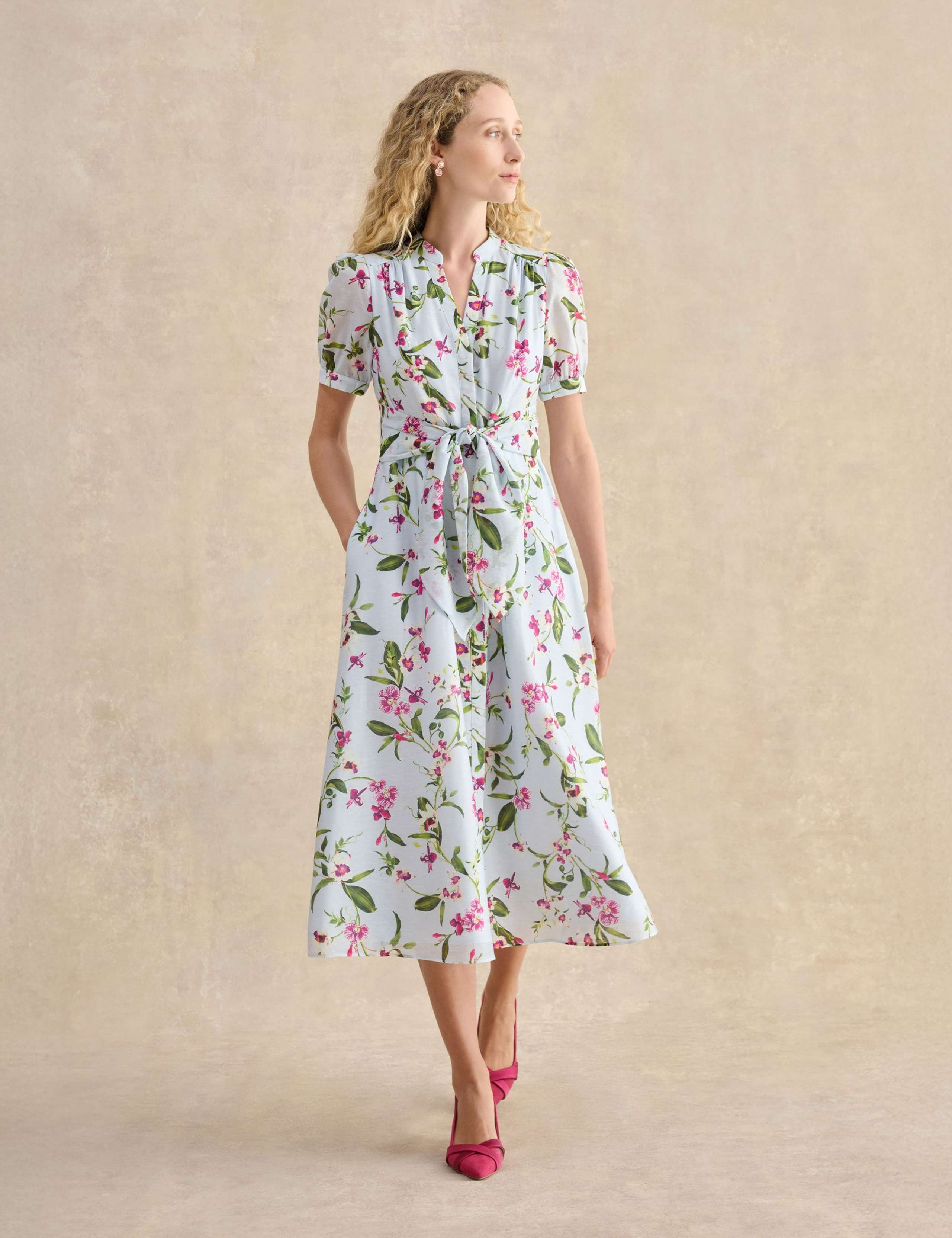 Floral V-Neck Midi Waisted Dress with Linen