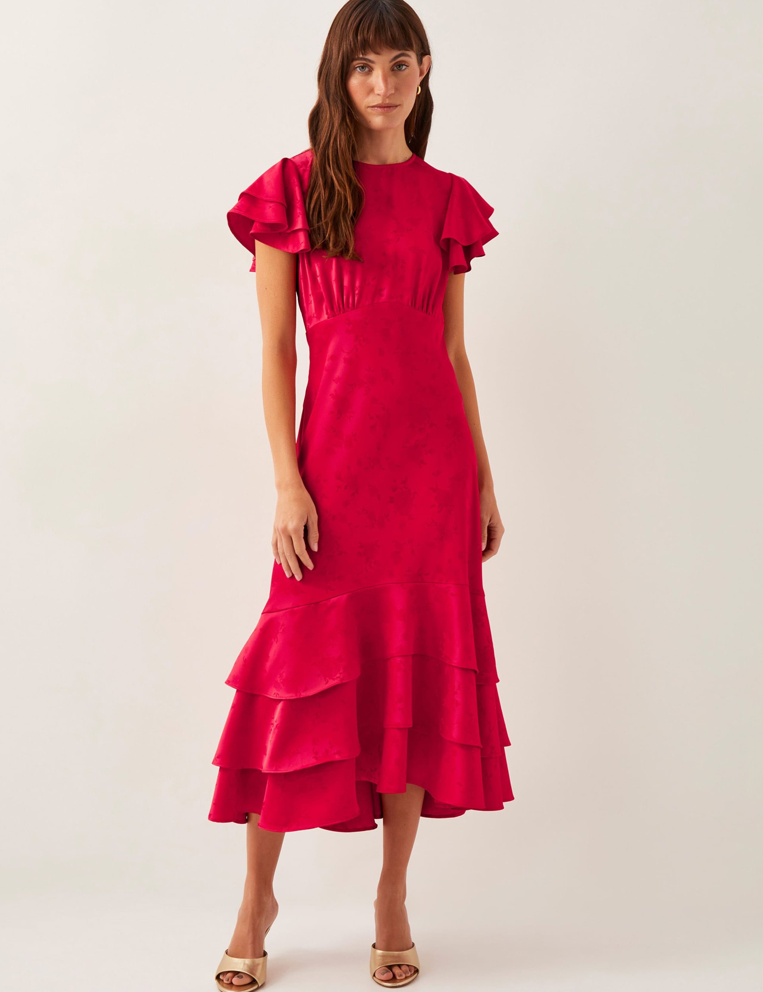Satin Round Neck Ruffle Midi Waisted Dress