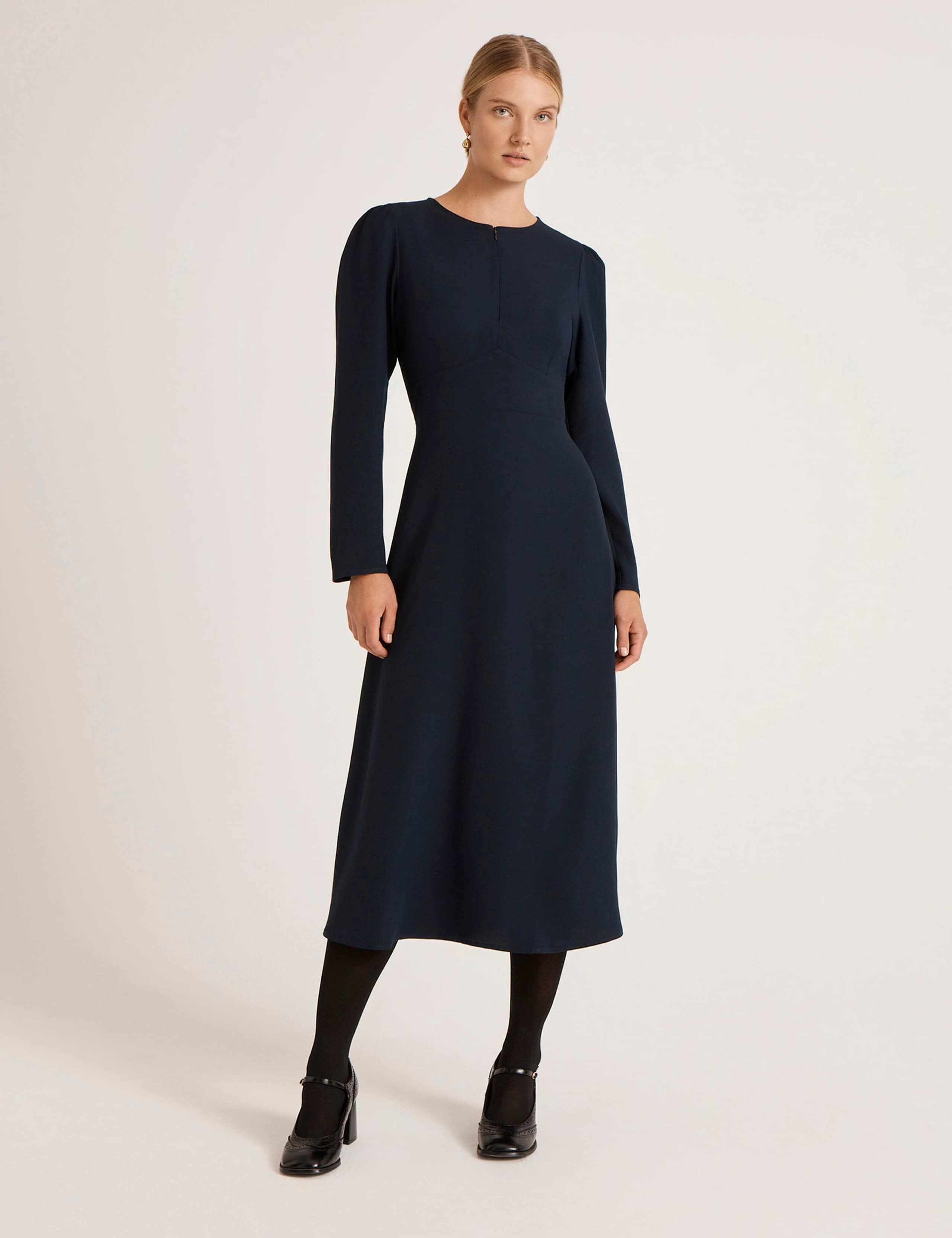 Crepe Zip Front Midi Waisted Dress