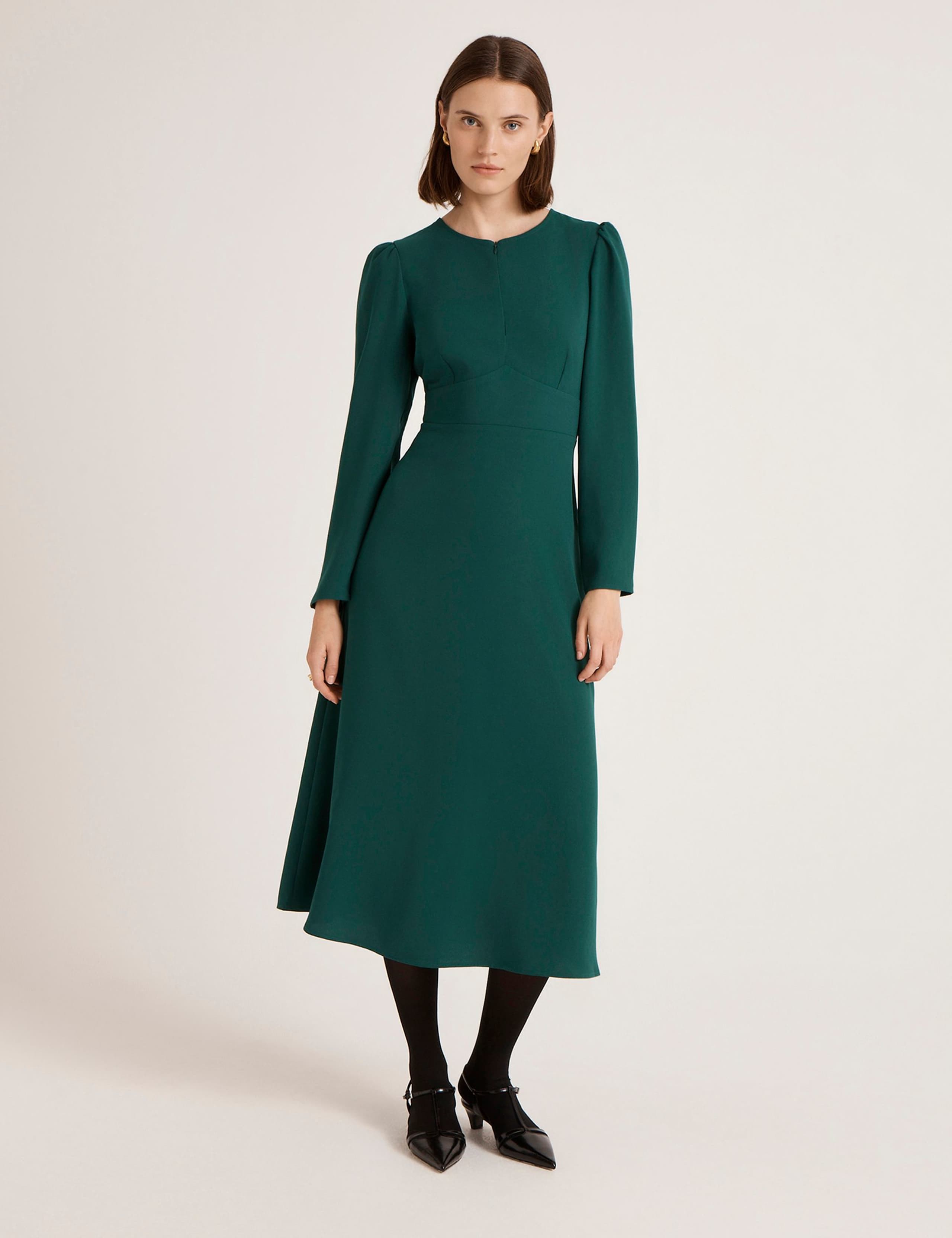 Crepe Zip Front Midi Waisted Dress