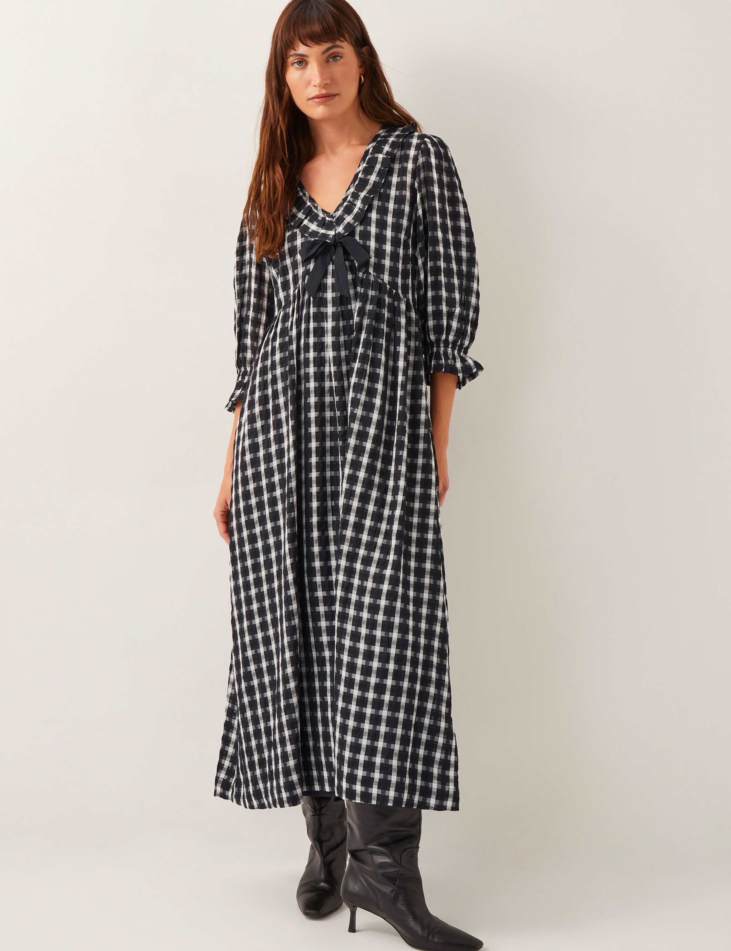 Checked Collared V-Neck Midi Skater Dress