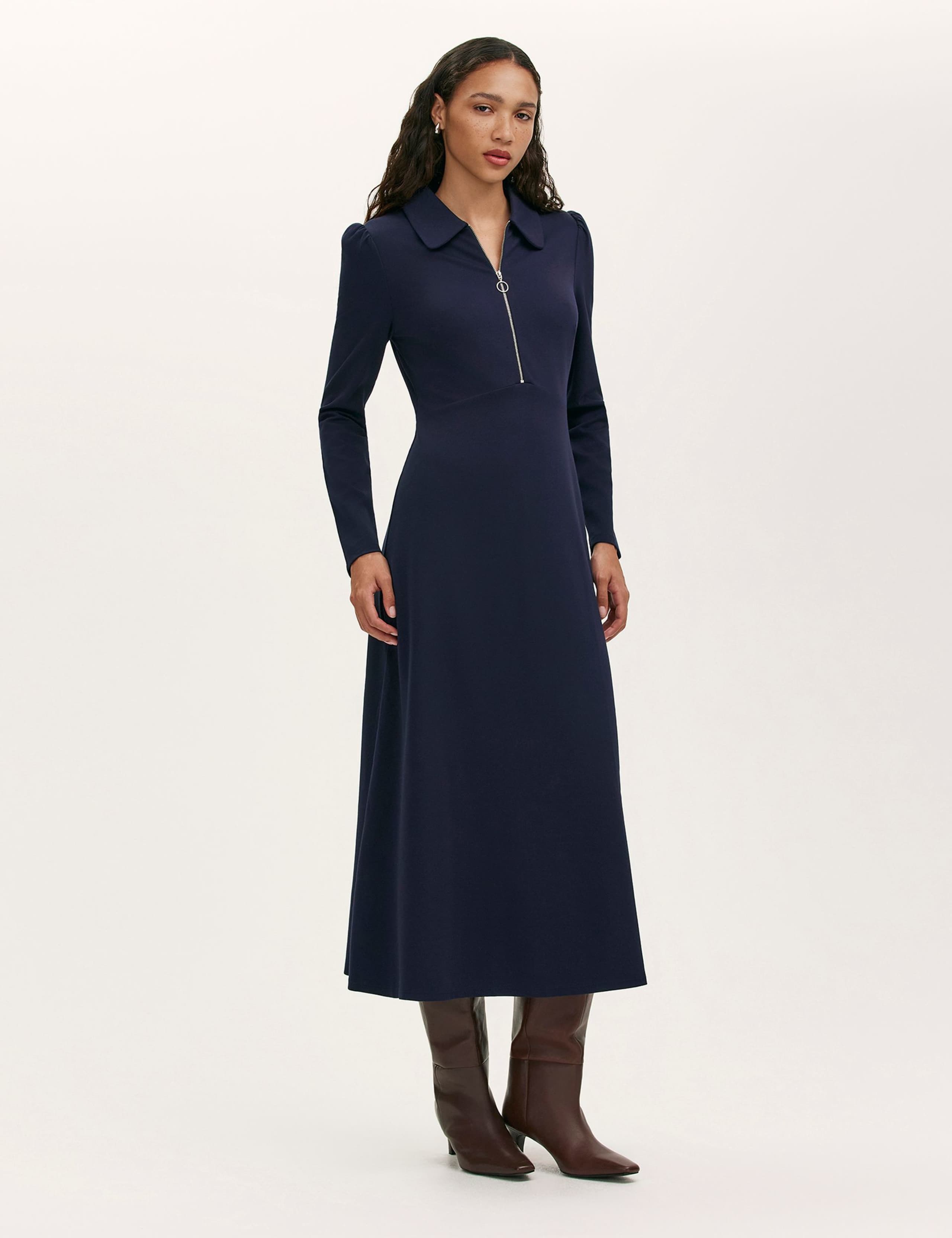 Jersey Zip Neck Midi Skater Dress