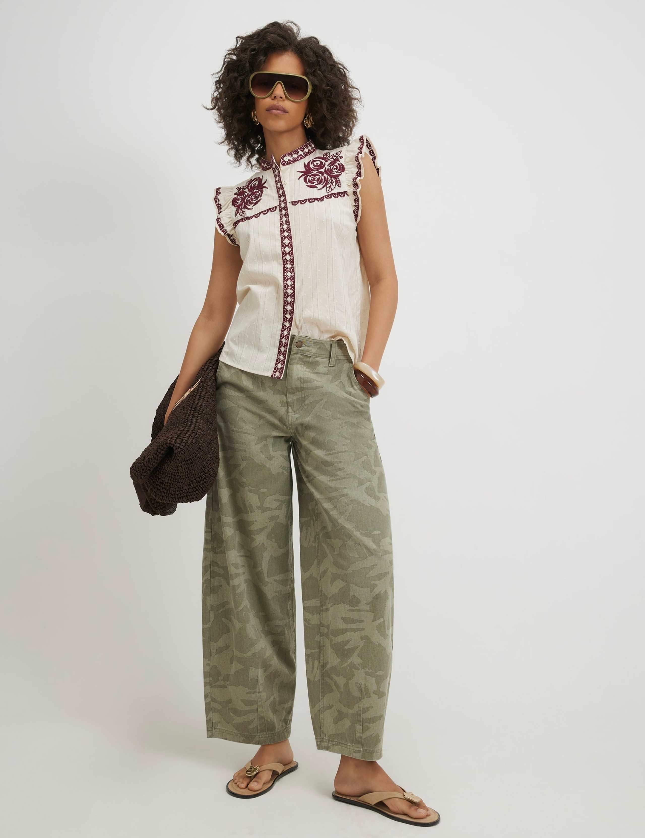 Pure Cotton Dobby Embroidered Ruffle Blouse