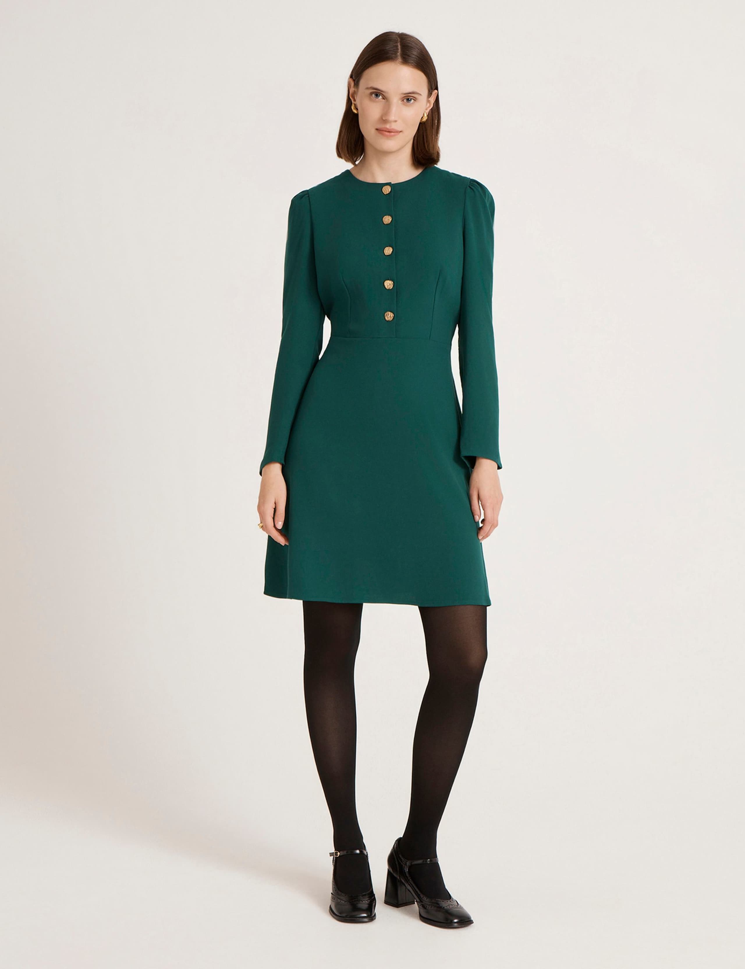 Crepe Round Neck Knee Length Waisted Dress