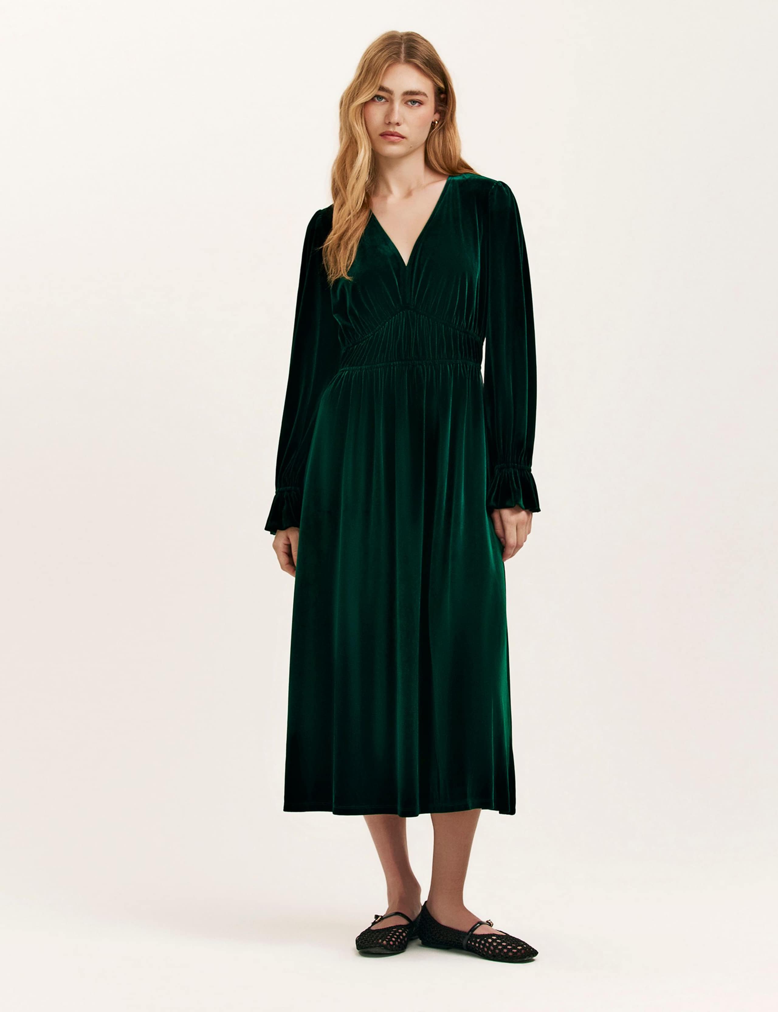 Velvet V-Neck Midi Waisted Dress