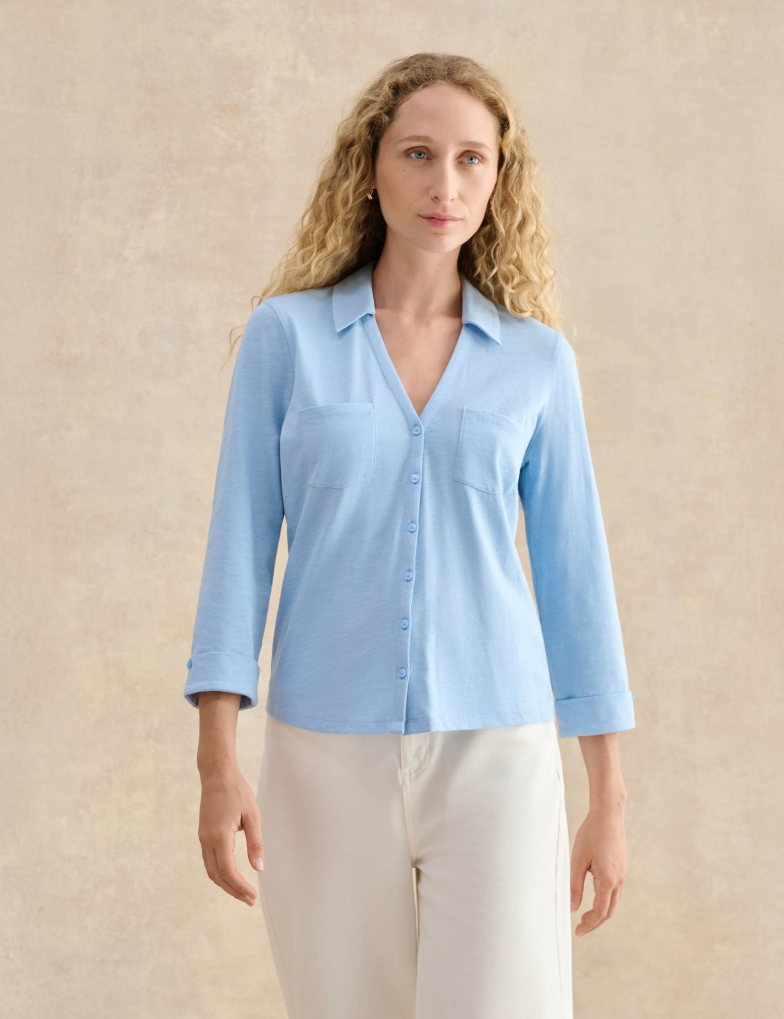 Pure Cotton Collared V-Neck 3/4 Sleeve Shirt