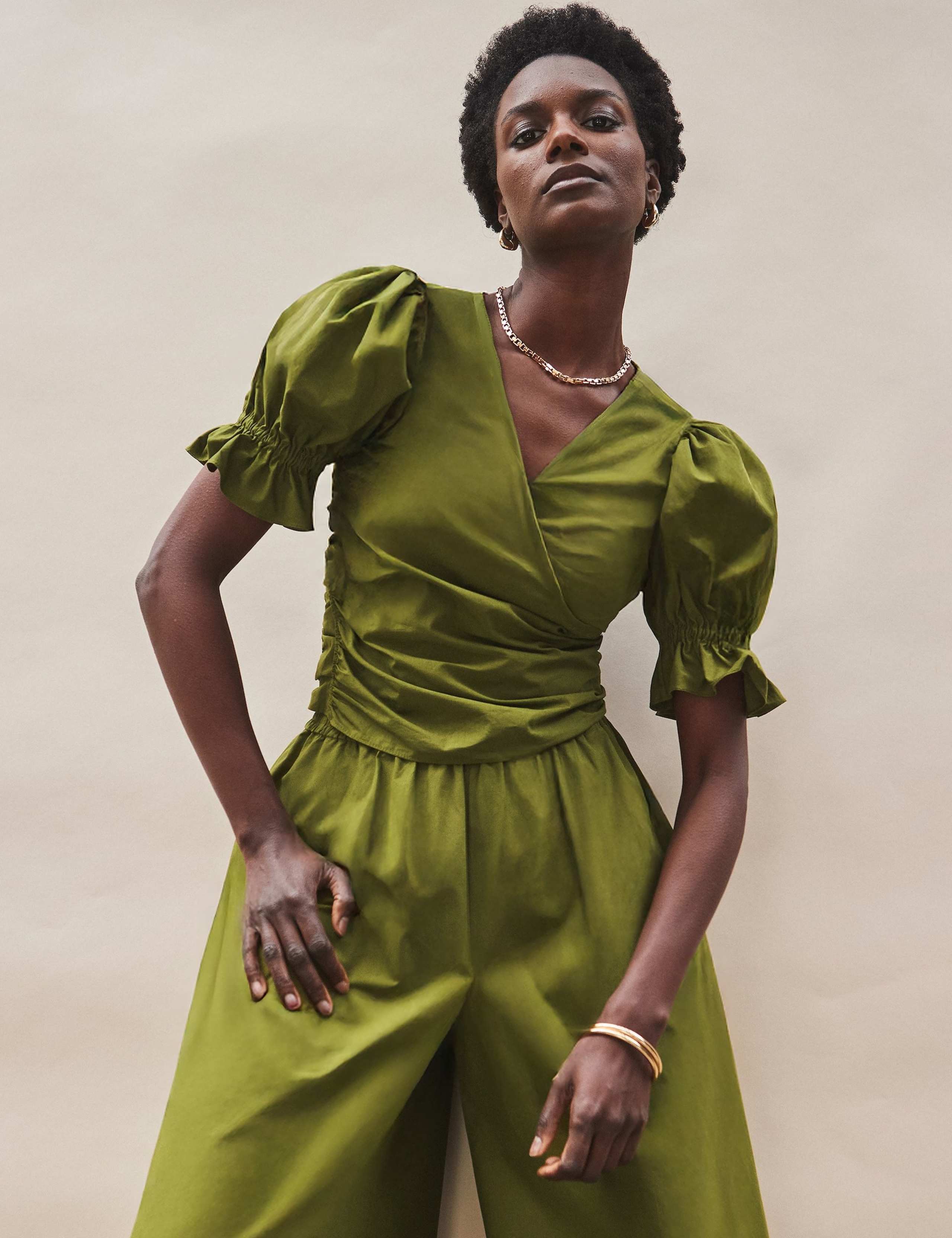 Pure Cotton V-Neck Wrap Puff Sleeve Blouse