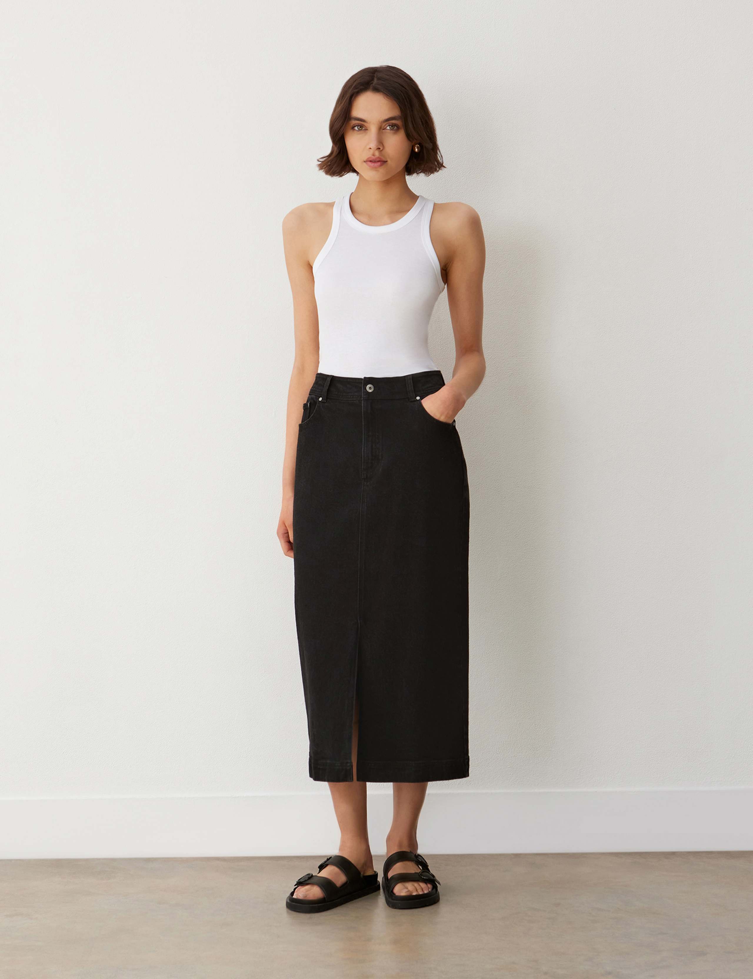 Cotton Rich Denim Midi Skirt