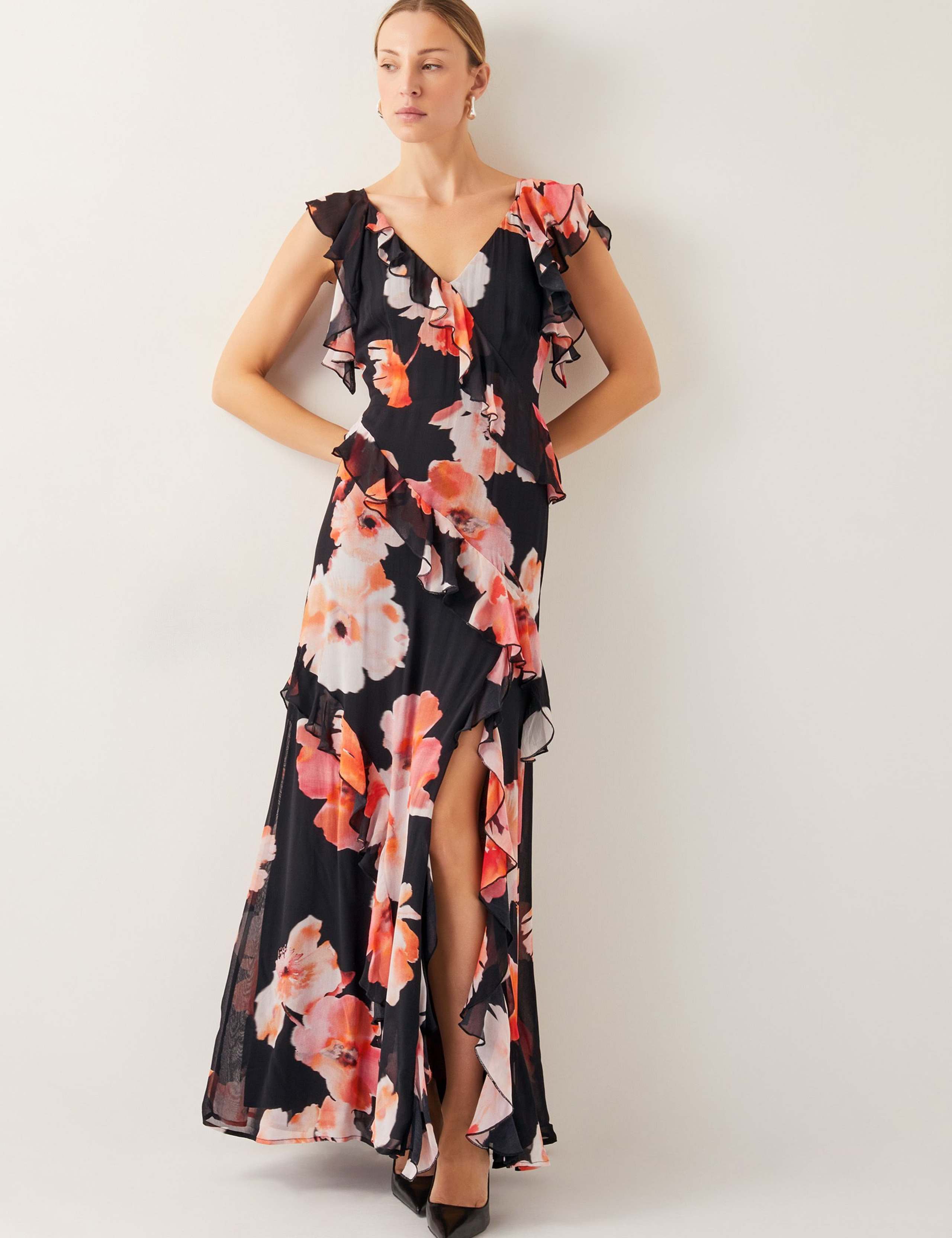 Chiffon Floral V-Neck Ruffle Maxi Skater Dress