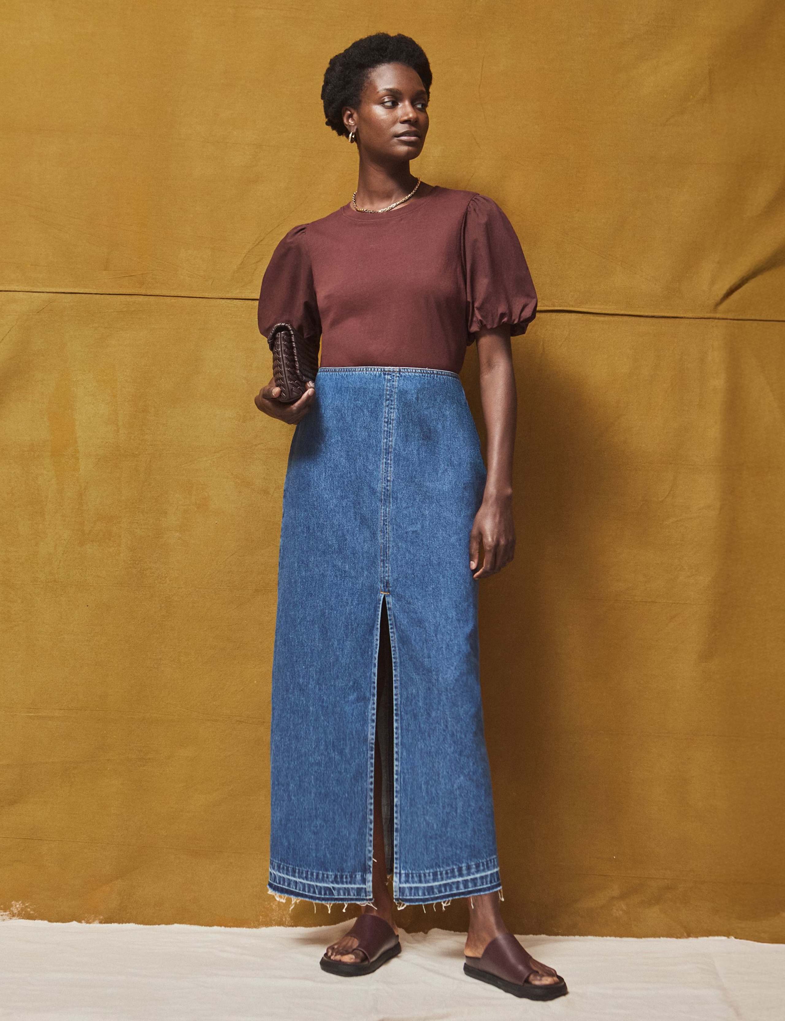 Denim Split Front Maxi Skirt