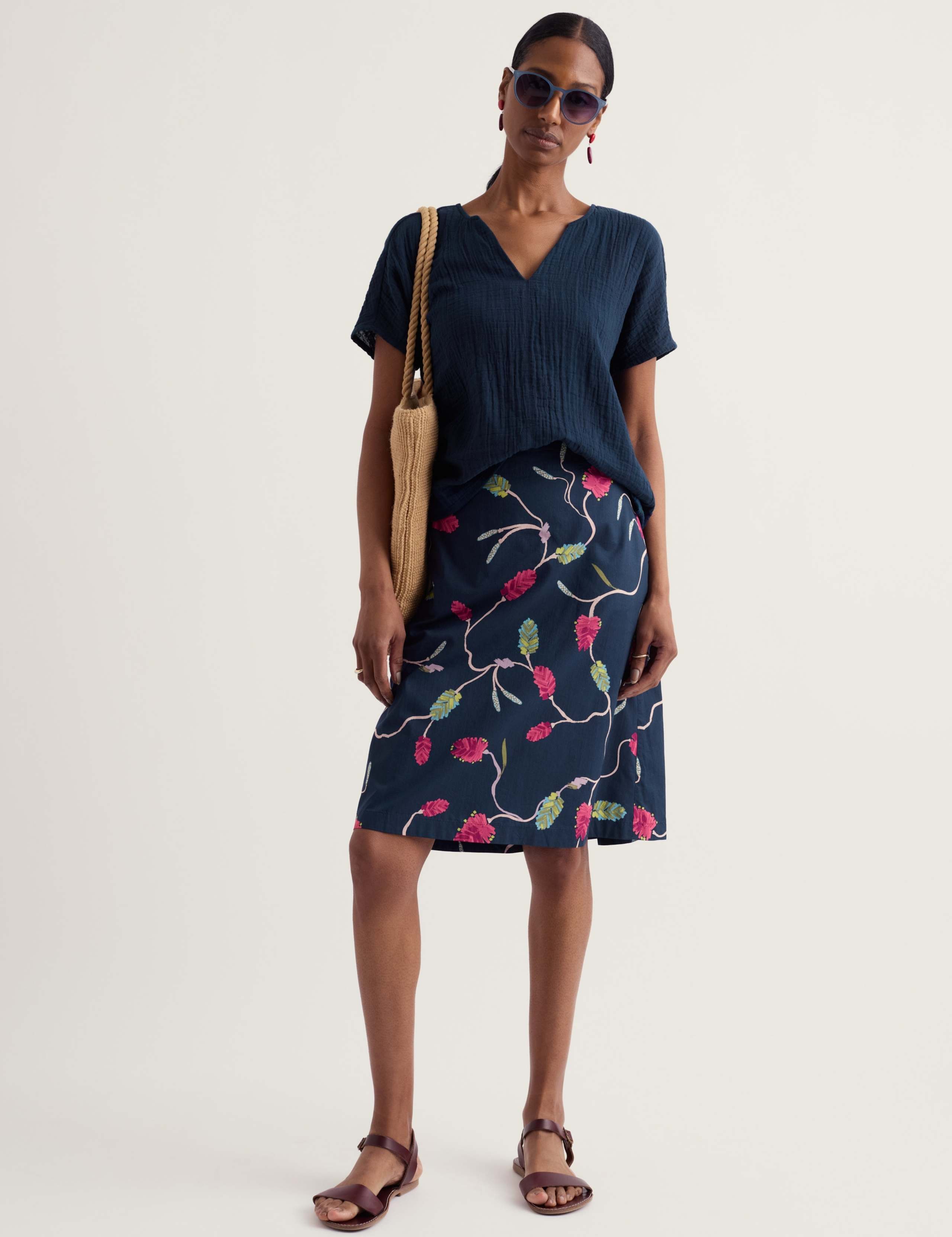Pure Cotton Floral Knee Length A-Line Skirt