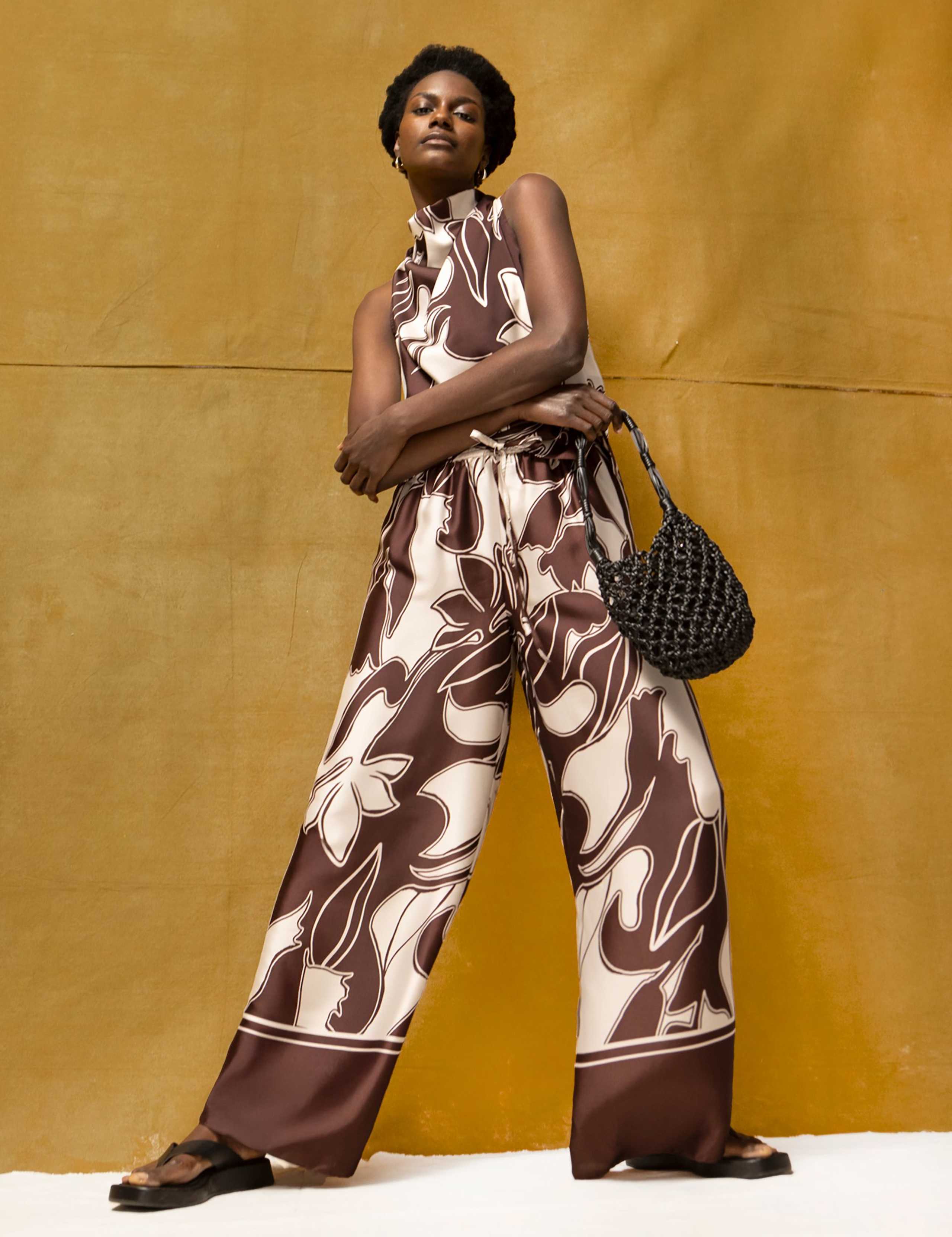 Printed Drawstring Wide Leg Trousers