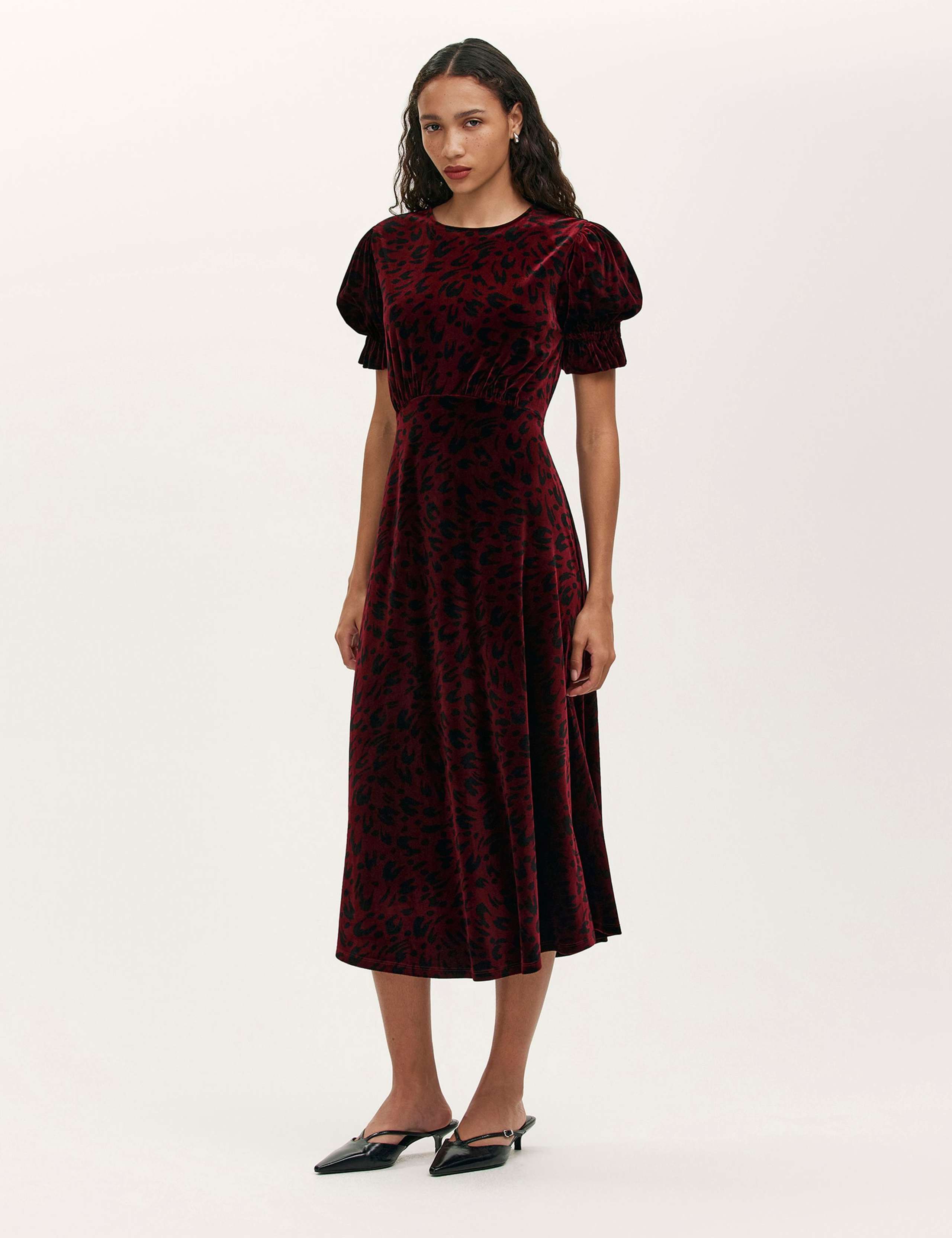 Velvet Leopard Print Round Neck Midi Tea Dress