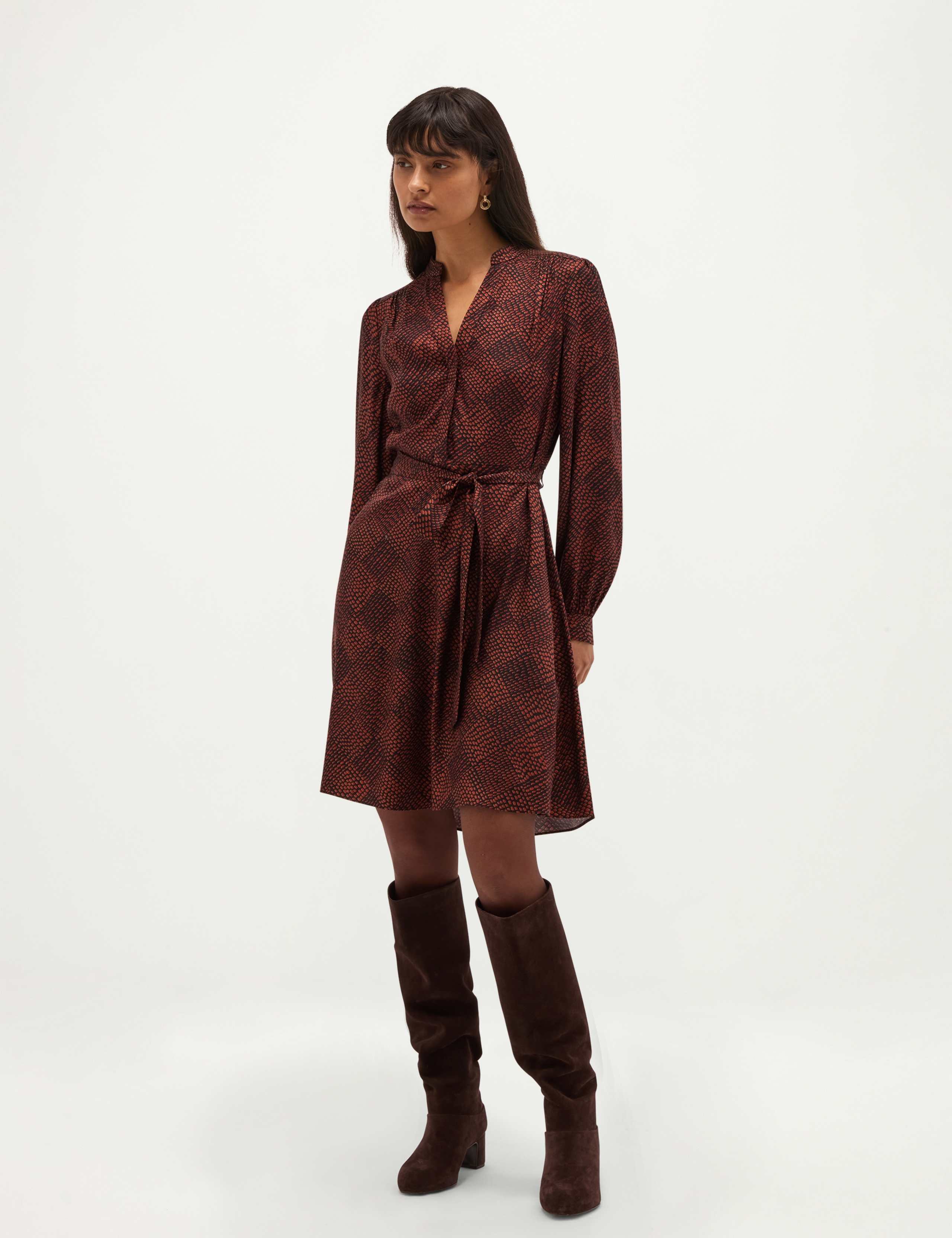 Printed V-Neck Tie Waist Mini Skater Dress