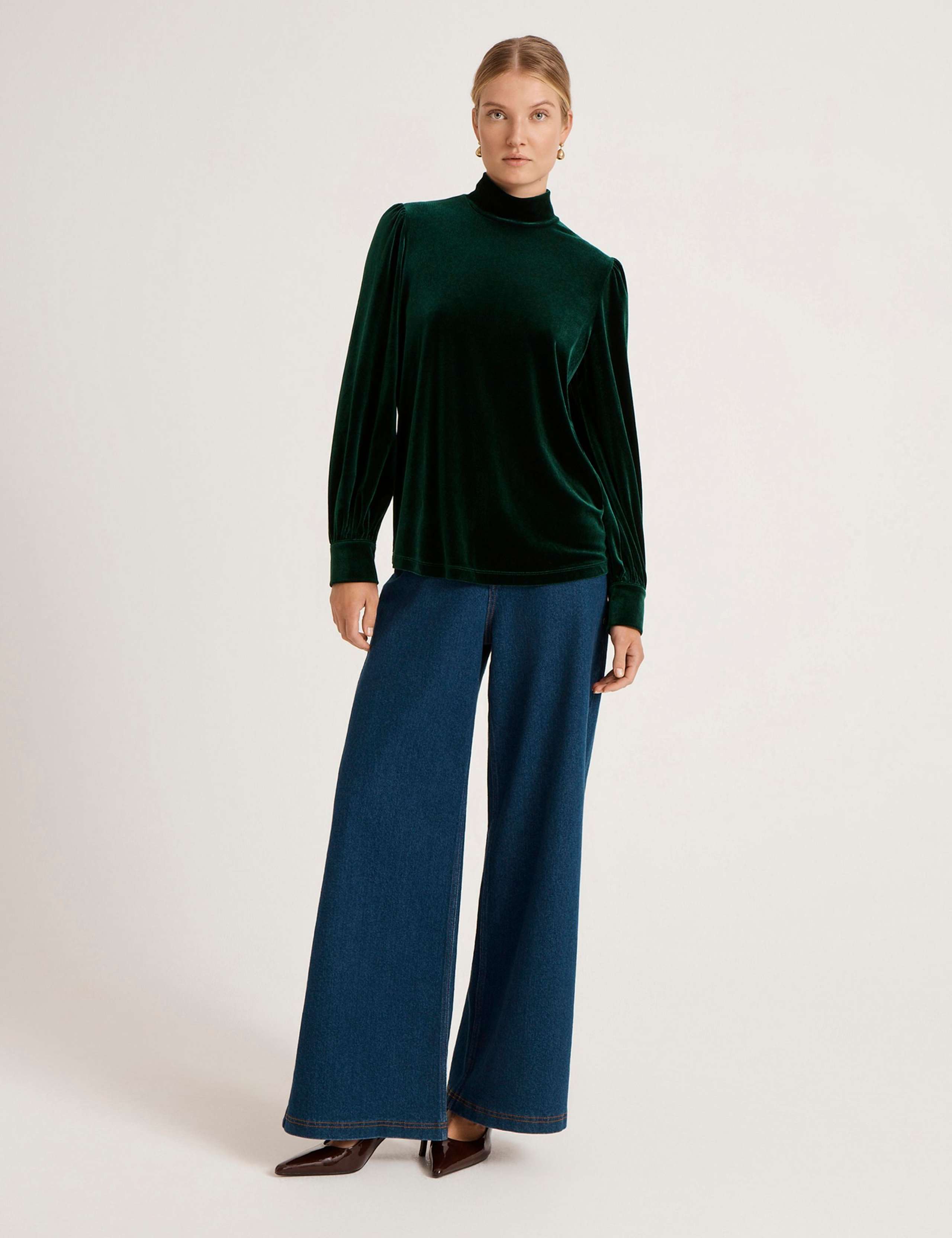 Velvet High Neck Puff Sleeve Top