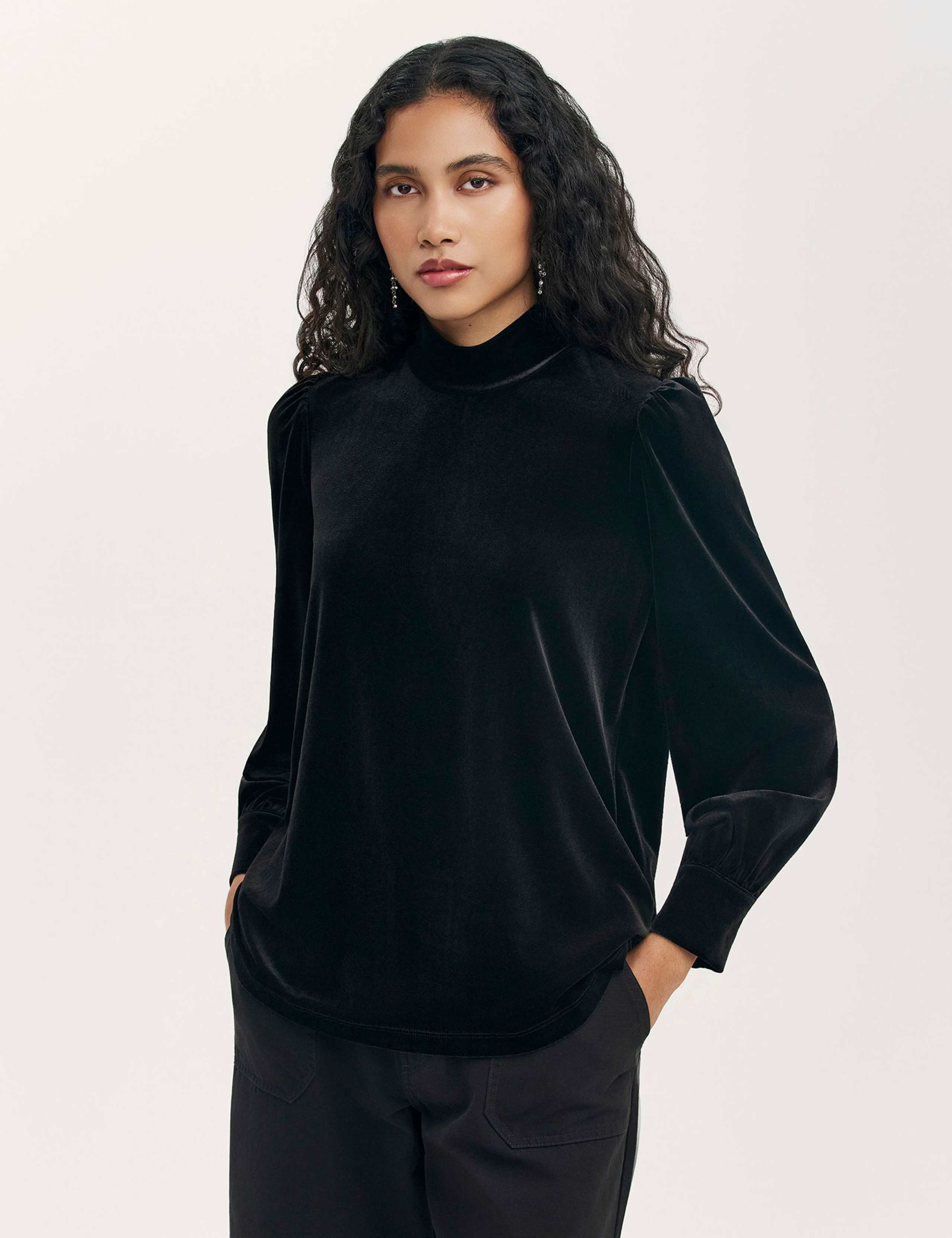 Velvet High Neck Puff Sleeve Top