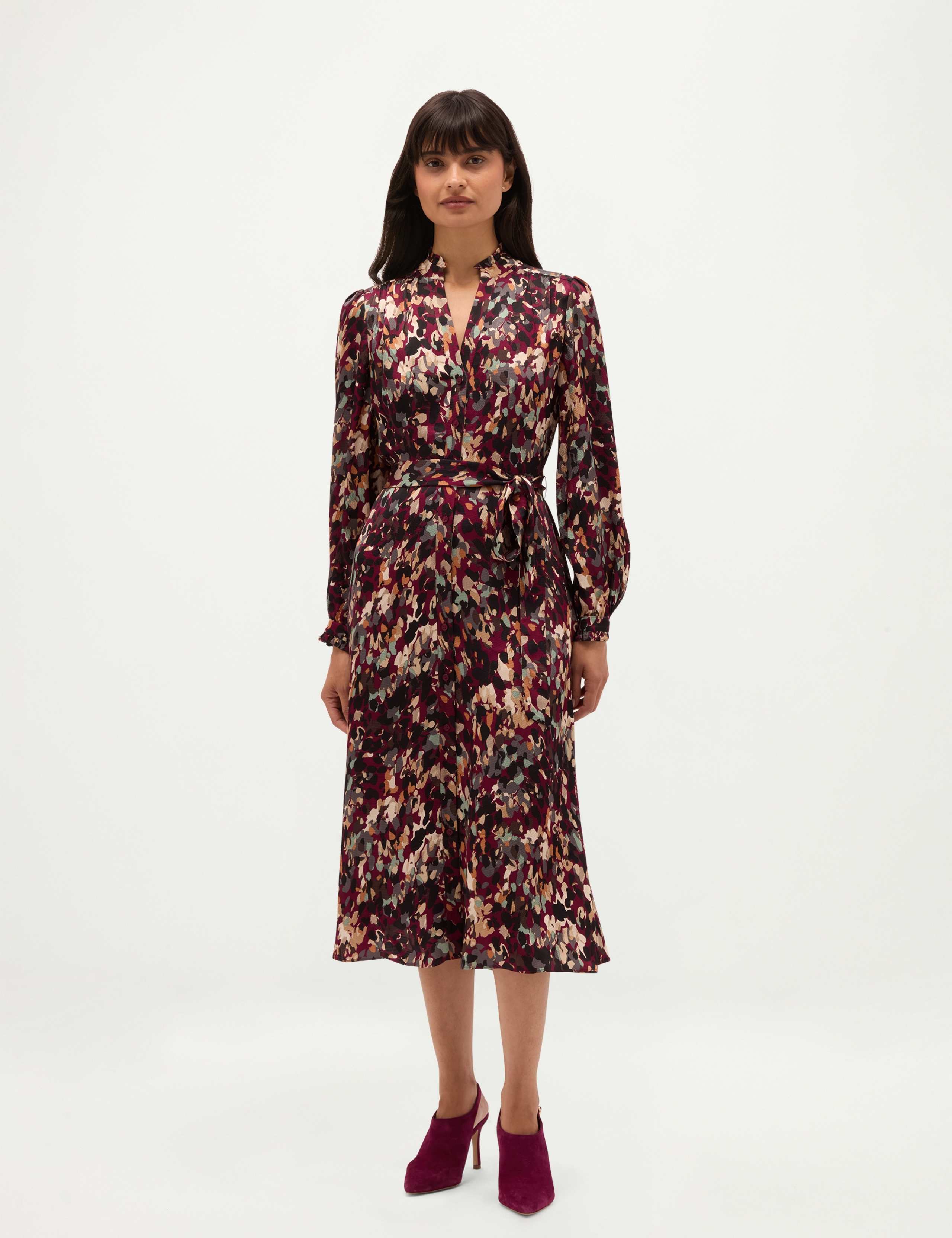 Printed Notch Neck Tie Waist Knee Length Skater Dress