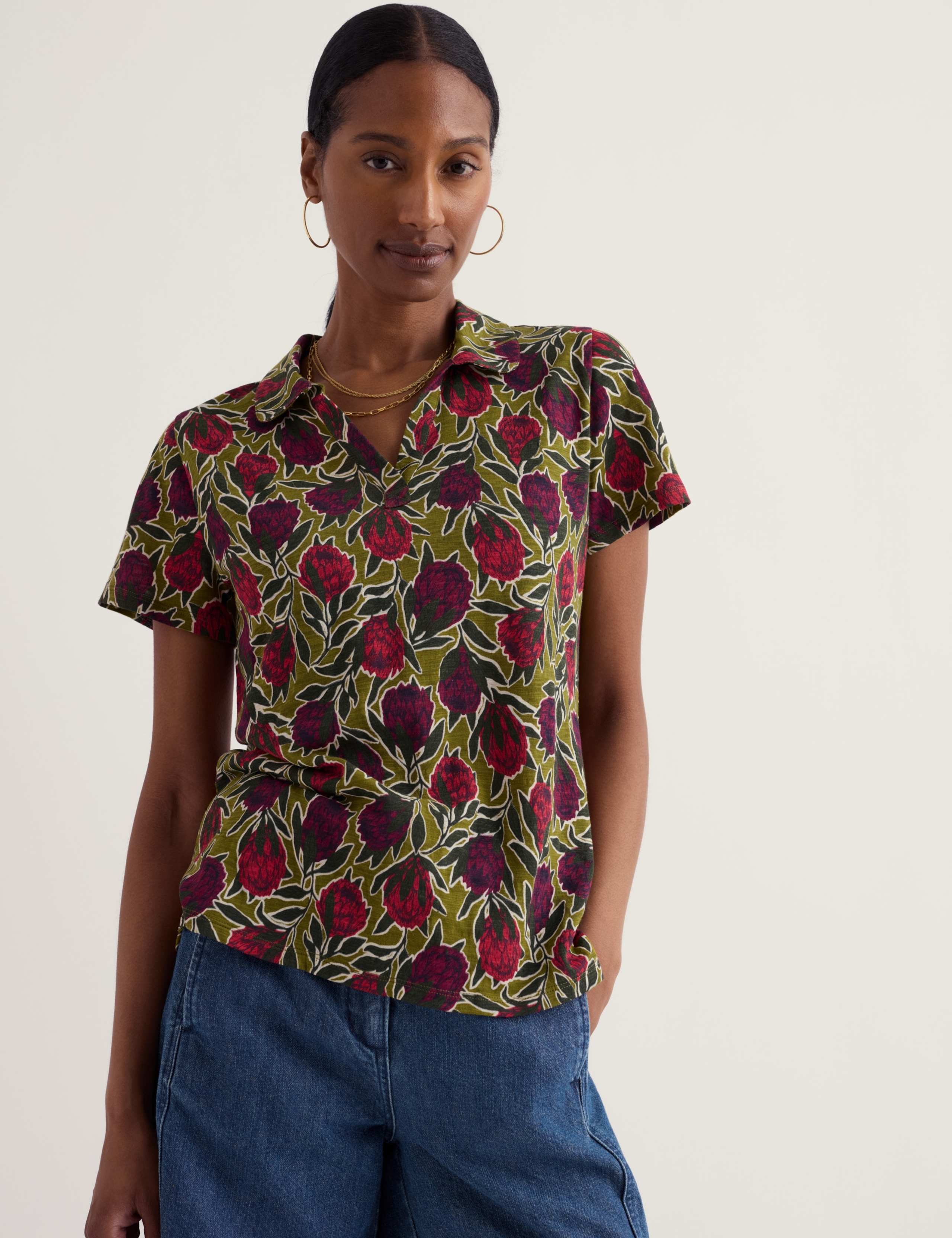 Pure Cotton Floral Collared Top