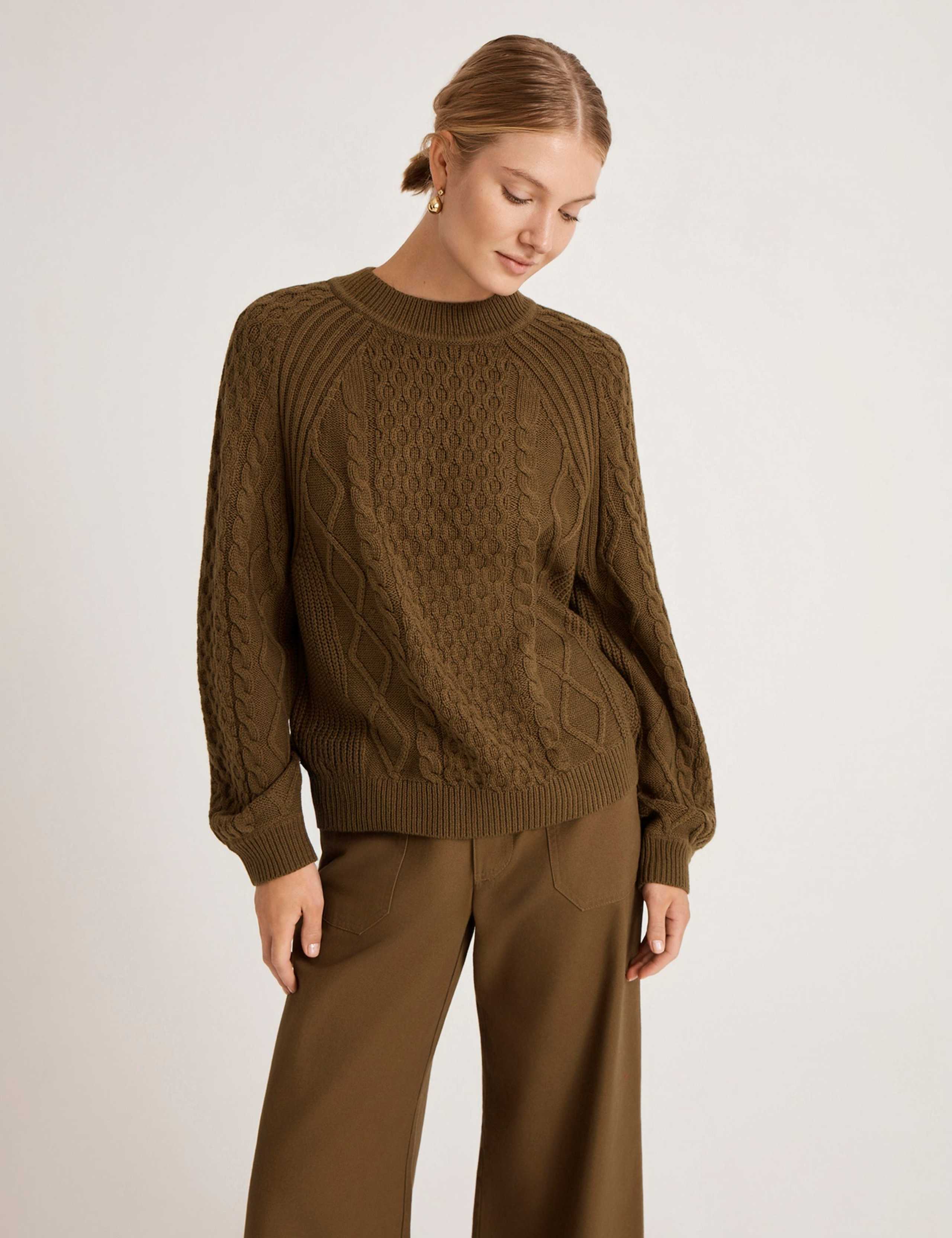 Cotton Rich Cable Knit Crew Neck Jumper