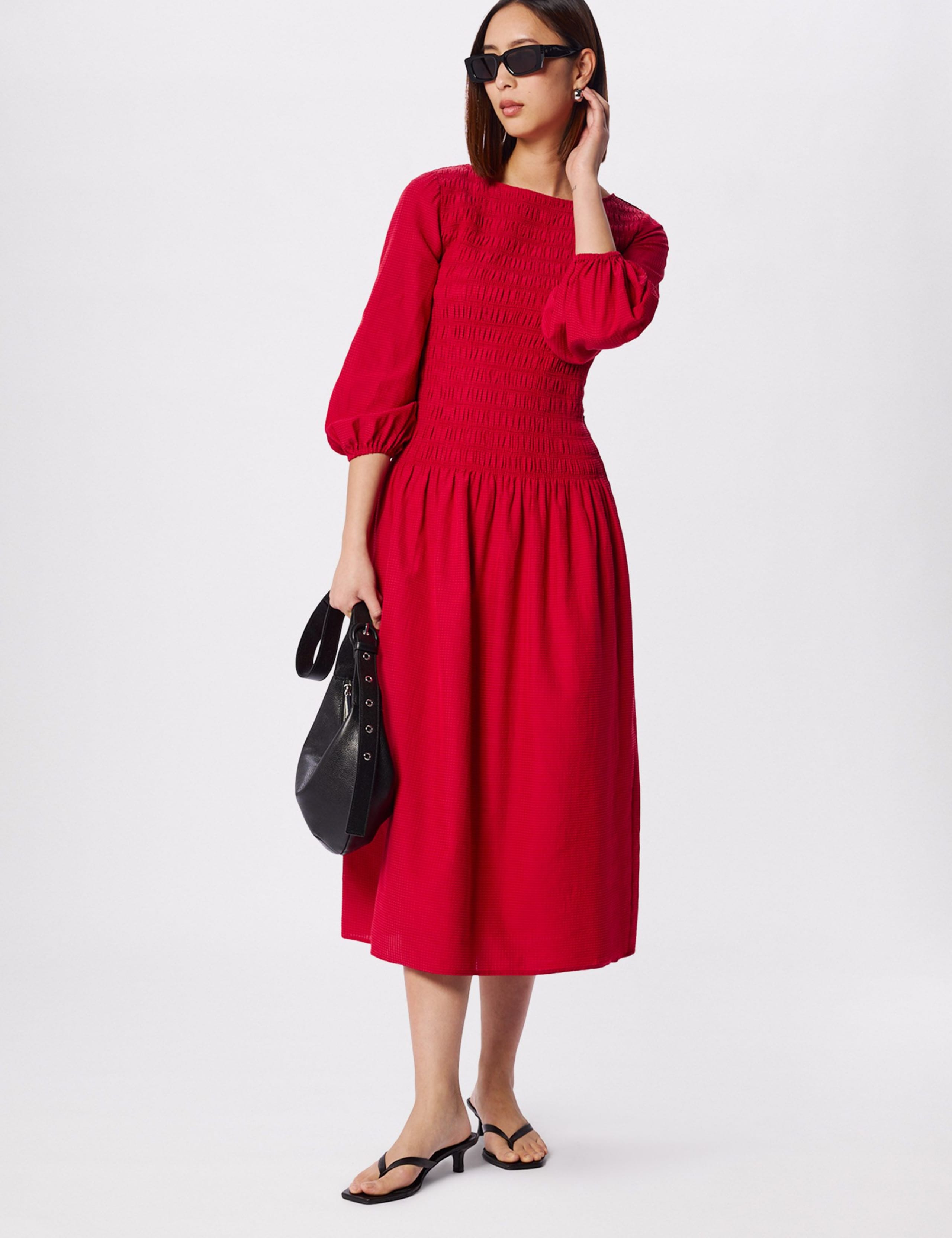 Round Neck Midi Shirred Dress with Cotton