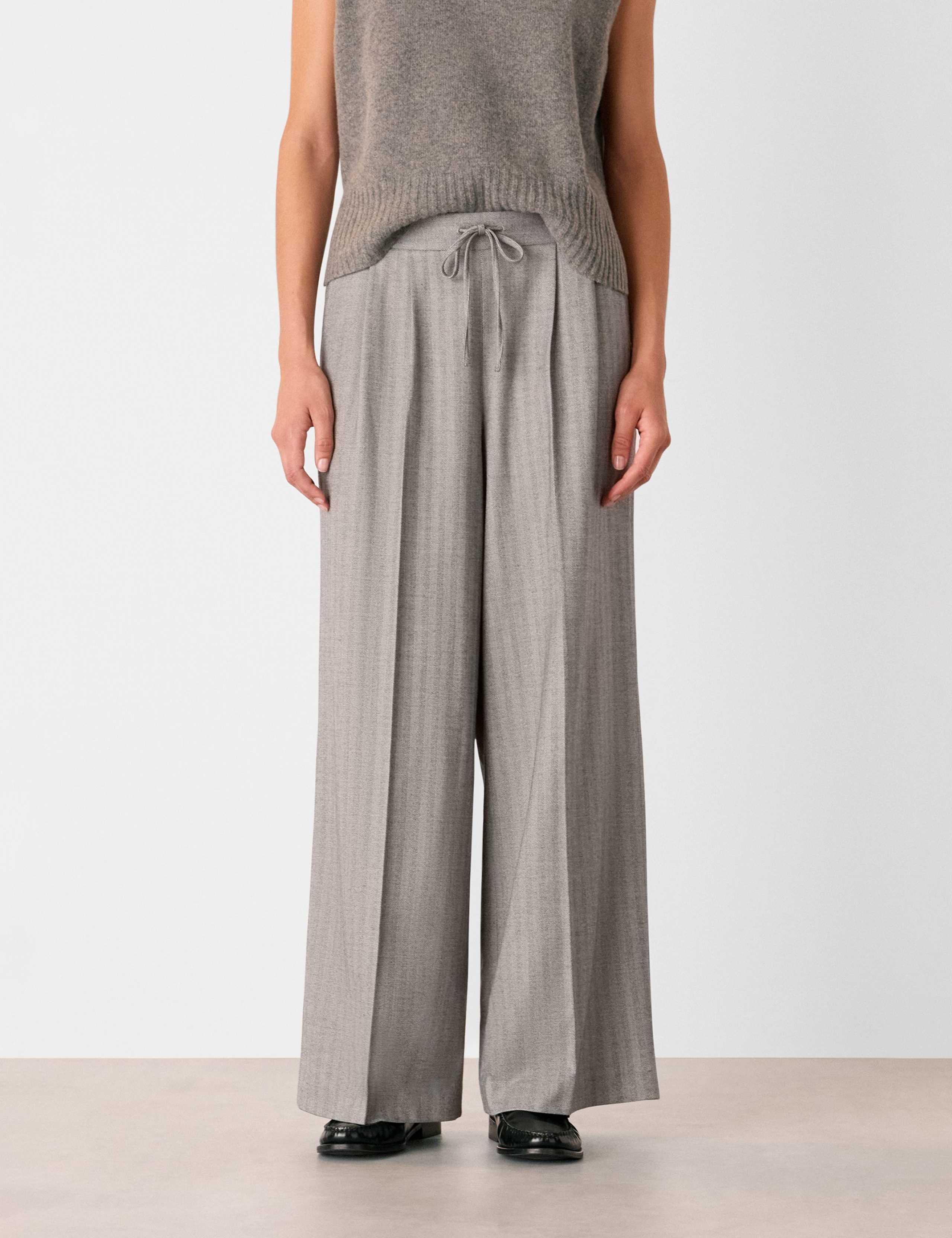 Herringbone Drawstring Wide Leg Trousers