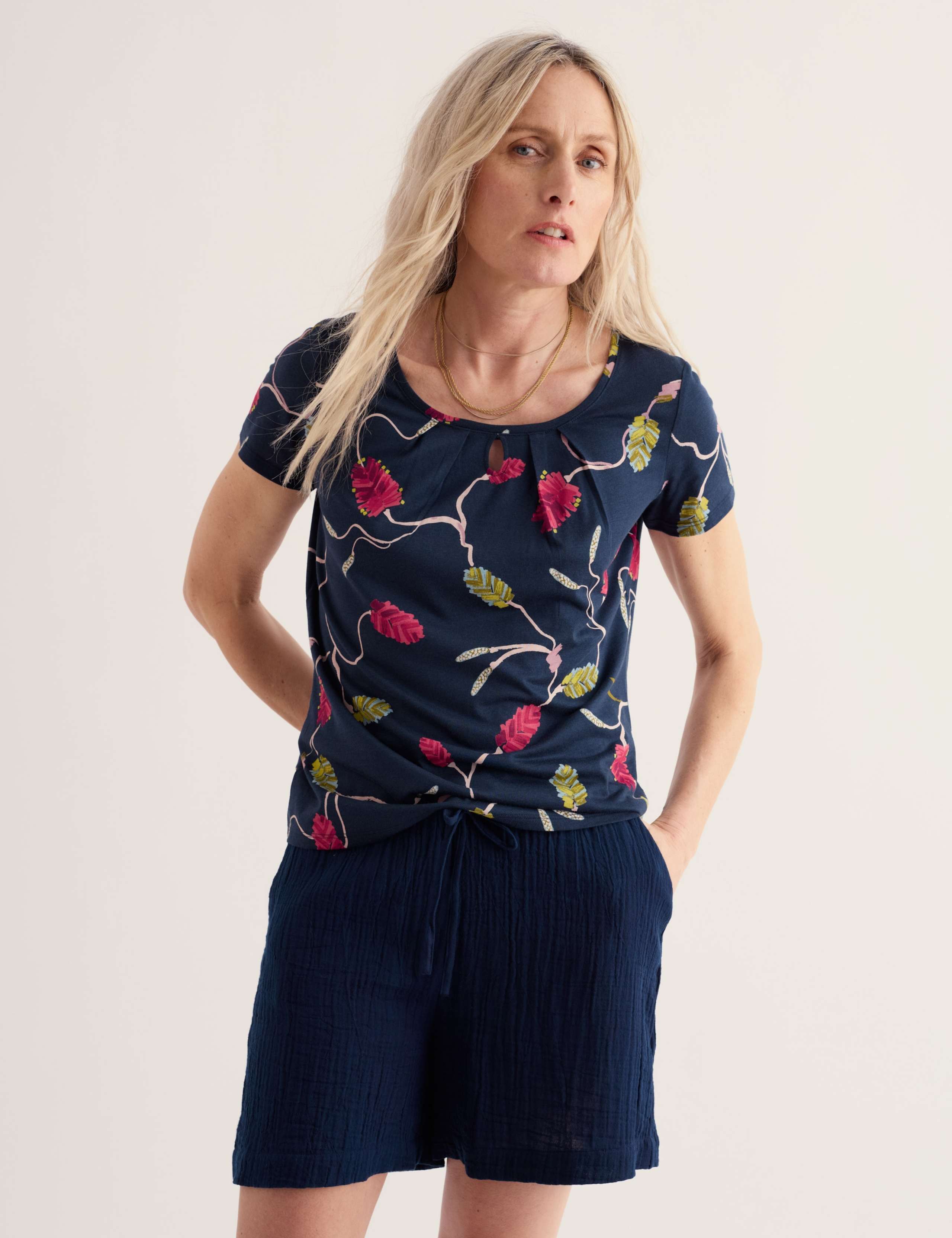 Cotton Blend Floral Scoop Neck T-Shirt