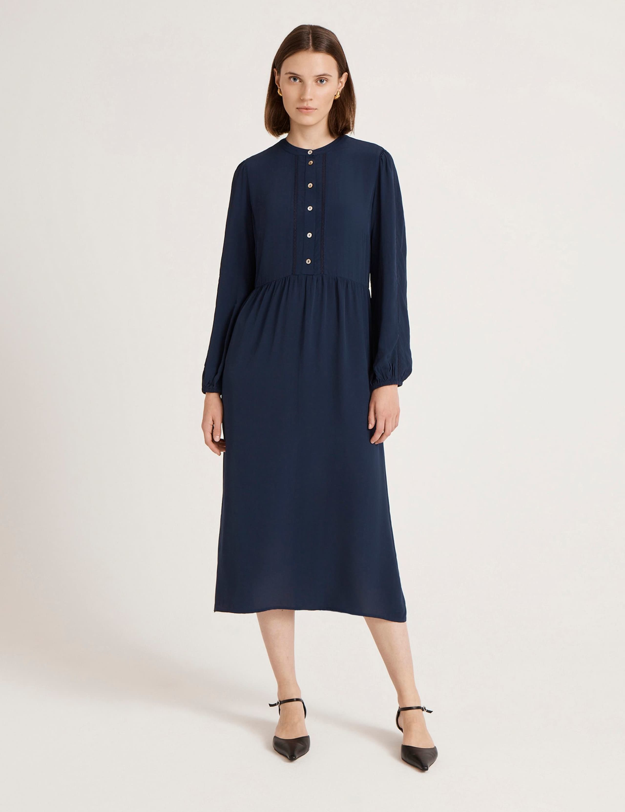 Crepe Button Front Midi Waisted Dress
