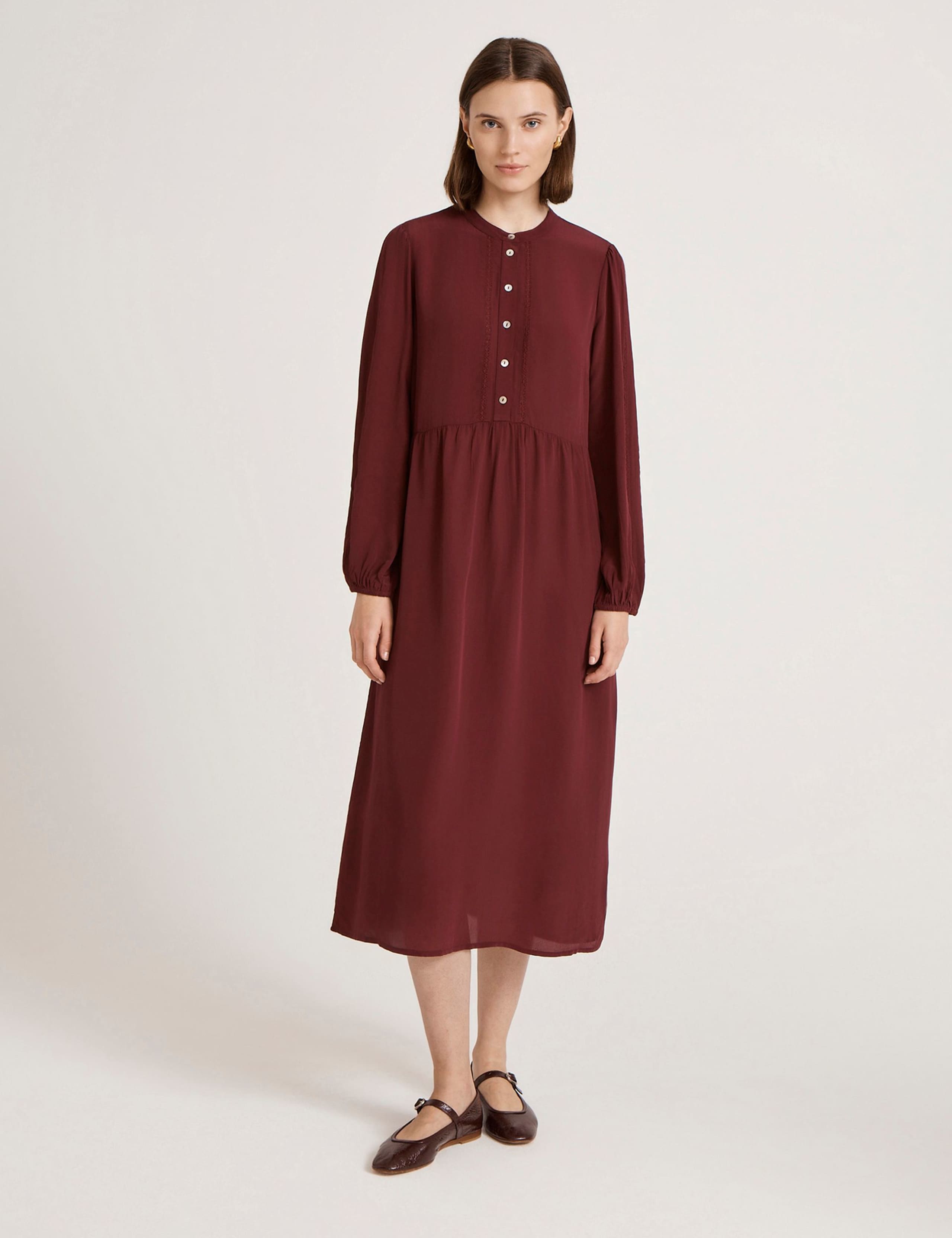 Crepe Button Front Midi Waisted Dress