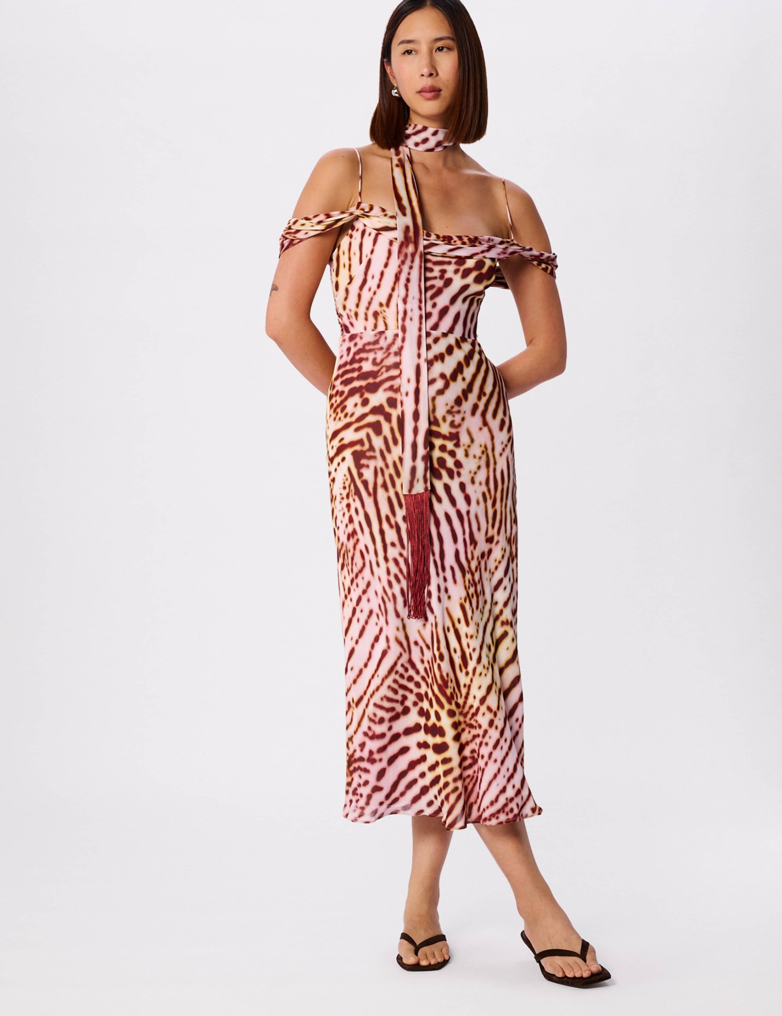 Orchid Print Scarf Detail Midi Dress