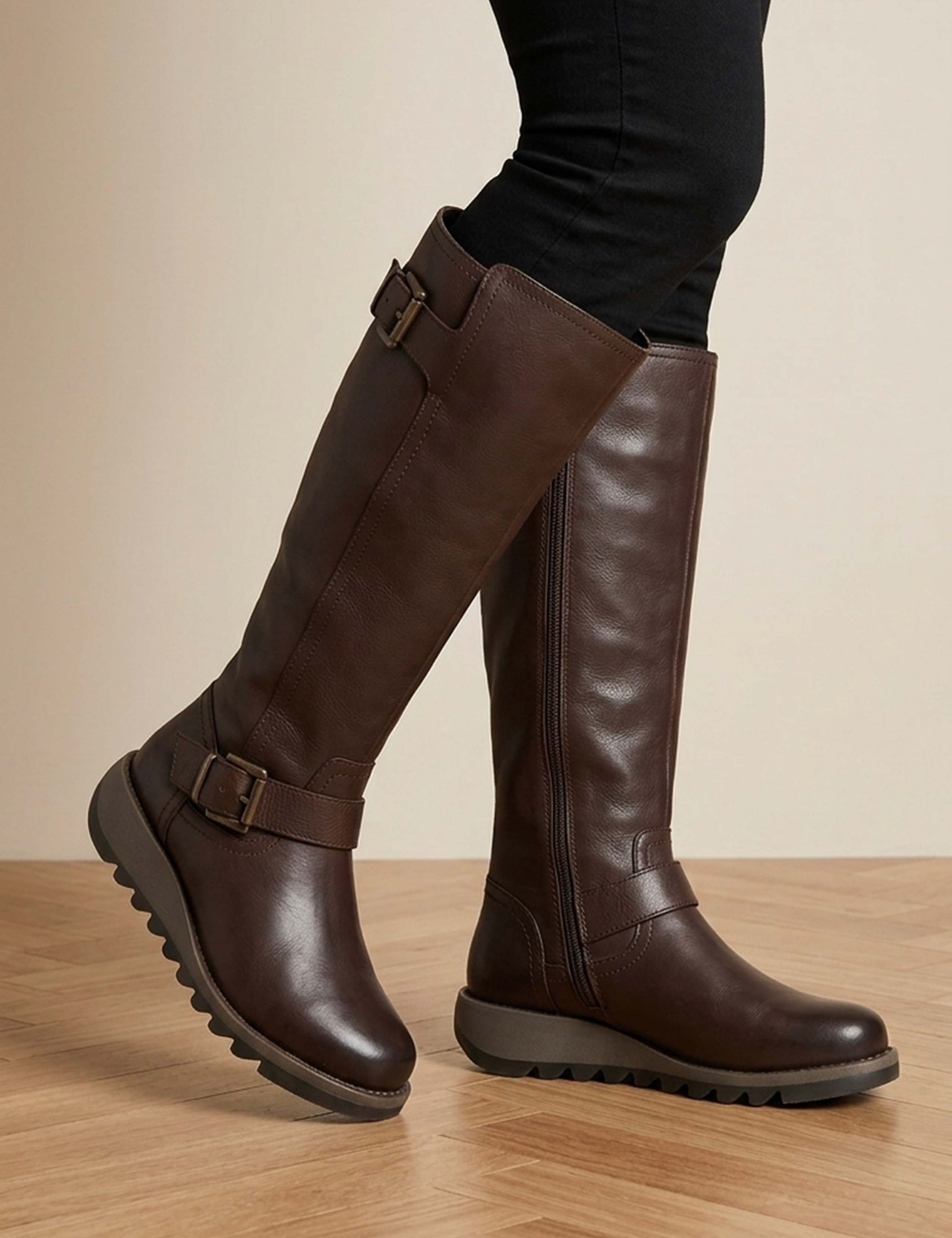 Leather Buckle Wedge Knee High Boots