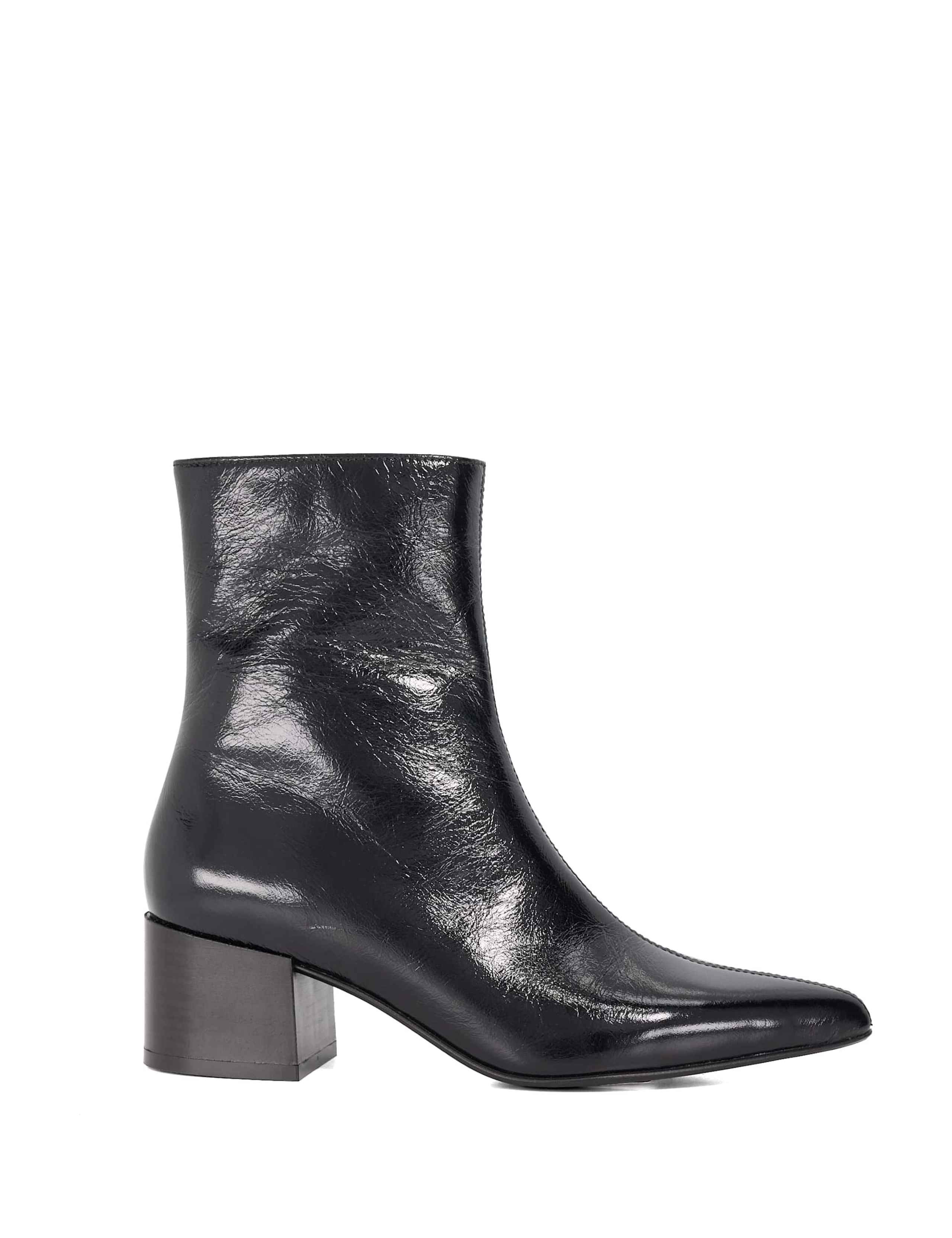 Leather Block Heel Pointed Ankle Boots