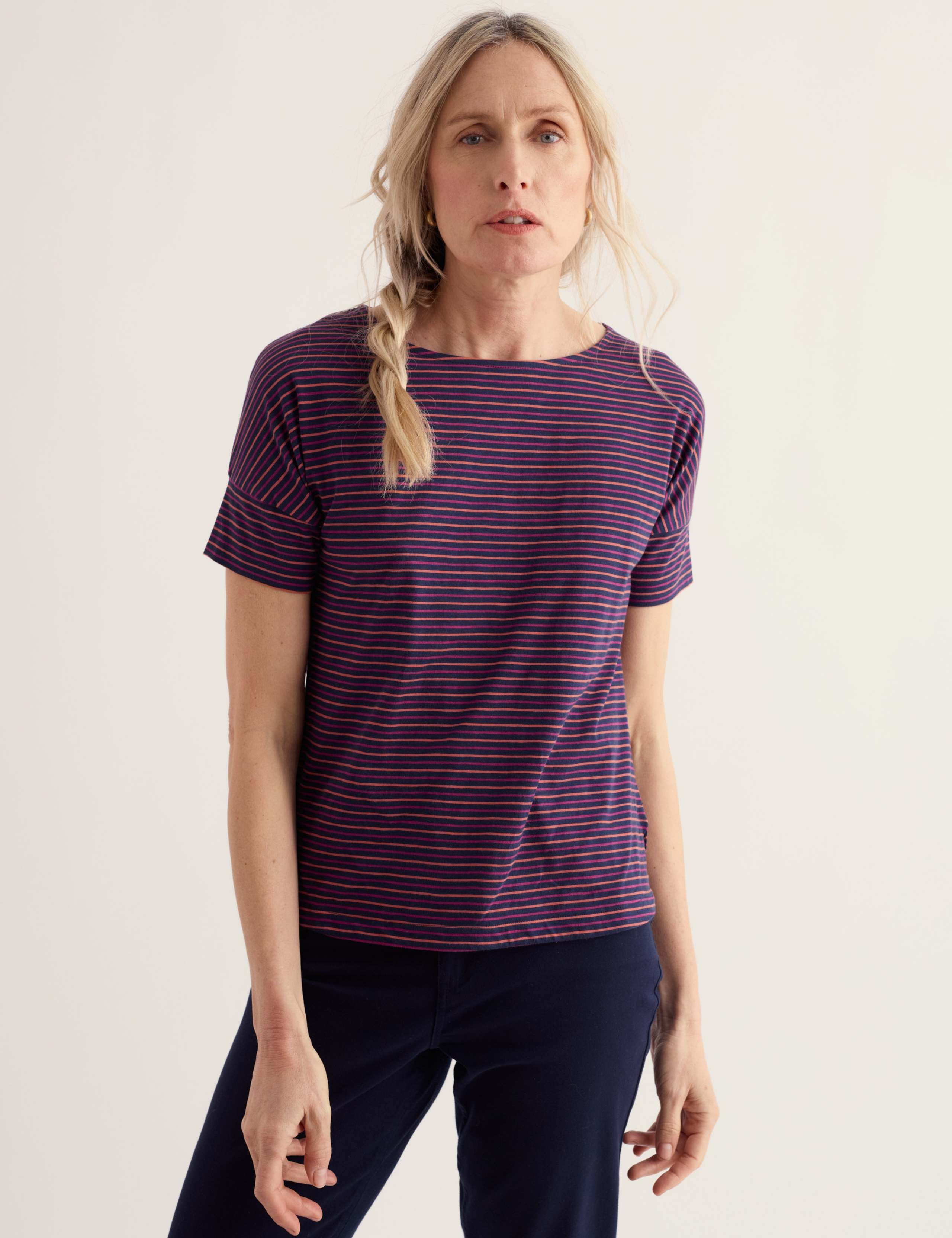 Pure Cotton Striped Slash Neck T-Shirt