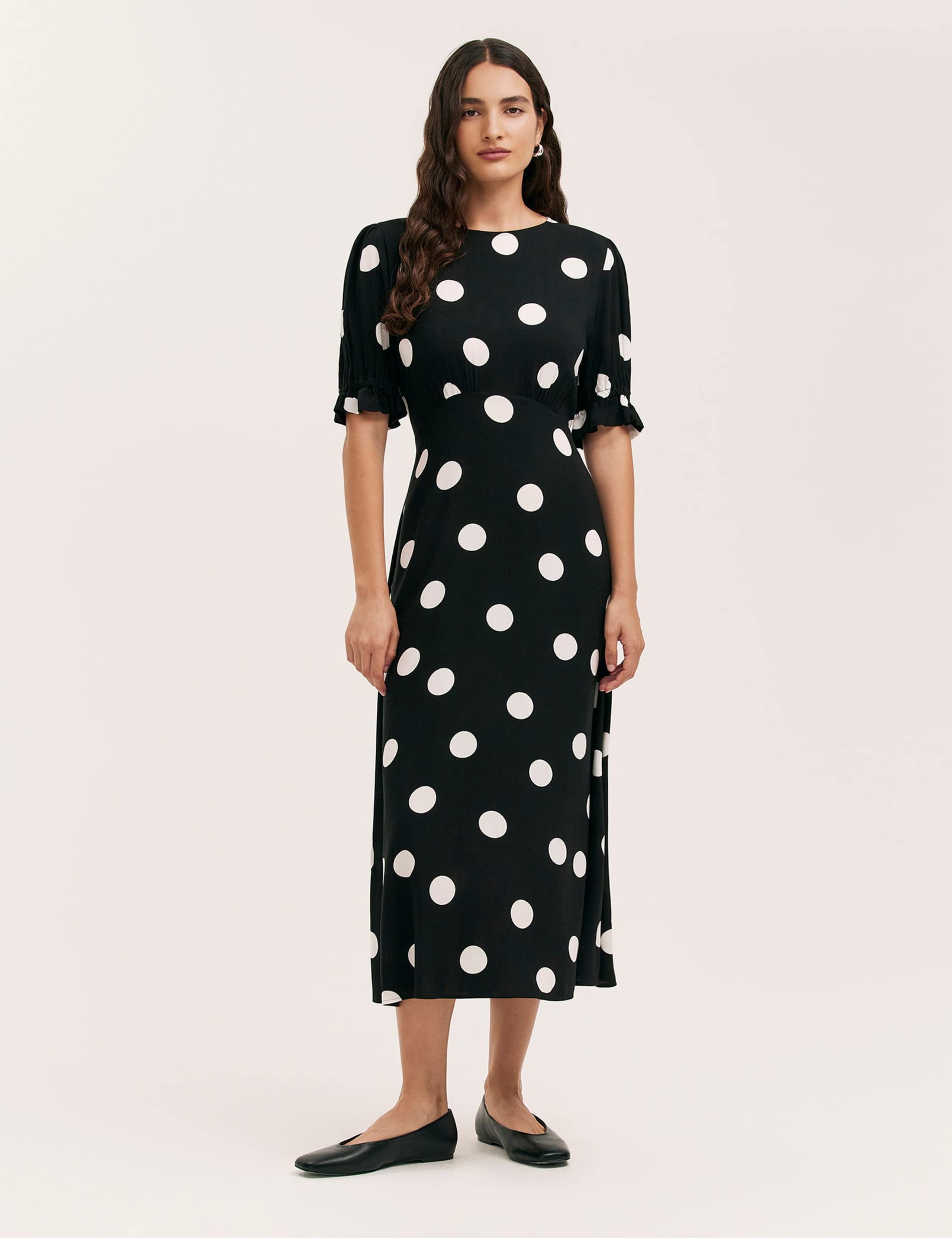 Polka Dot Round Neck Midi Tea Dress