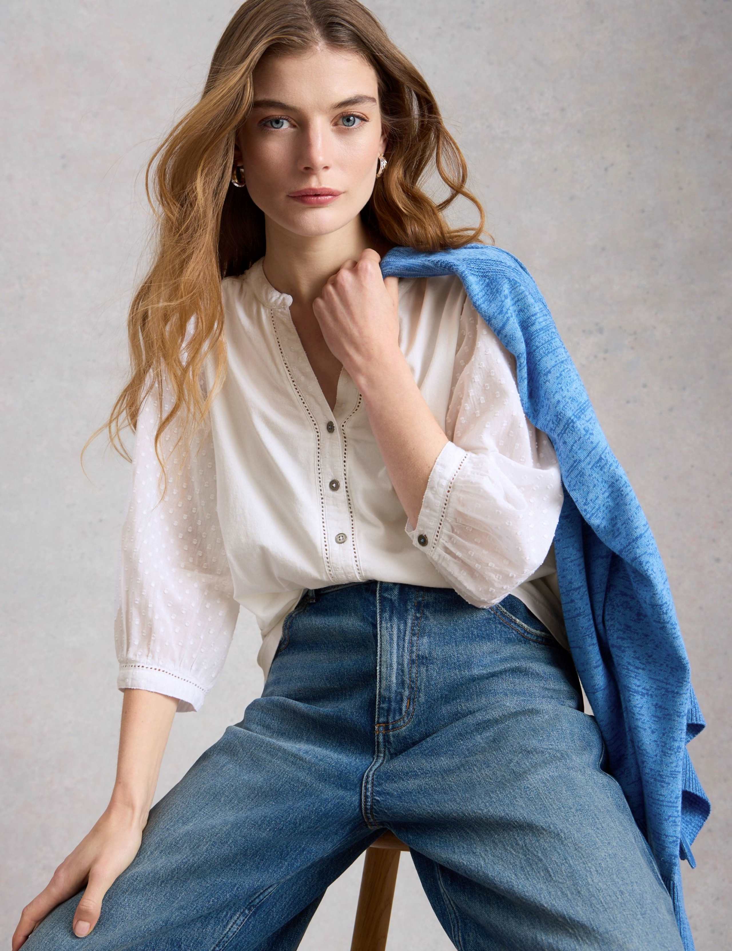 Pure Cotton Embroidered Notch Neck Blouse